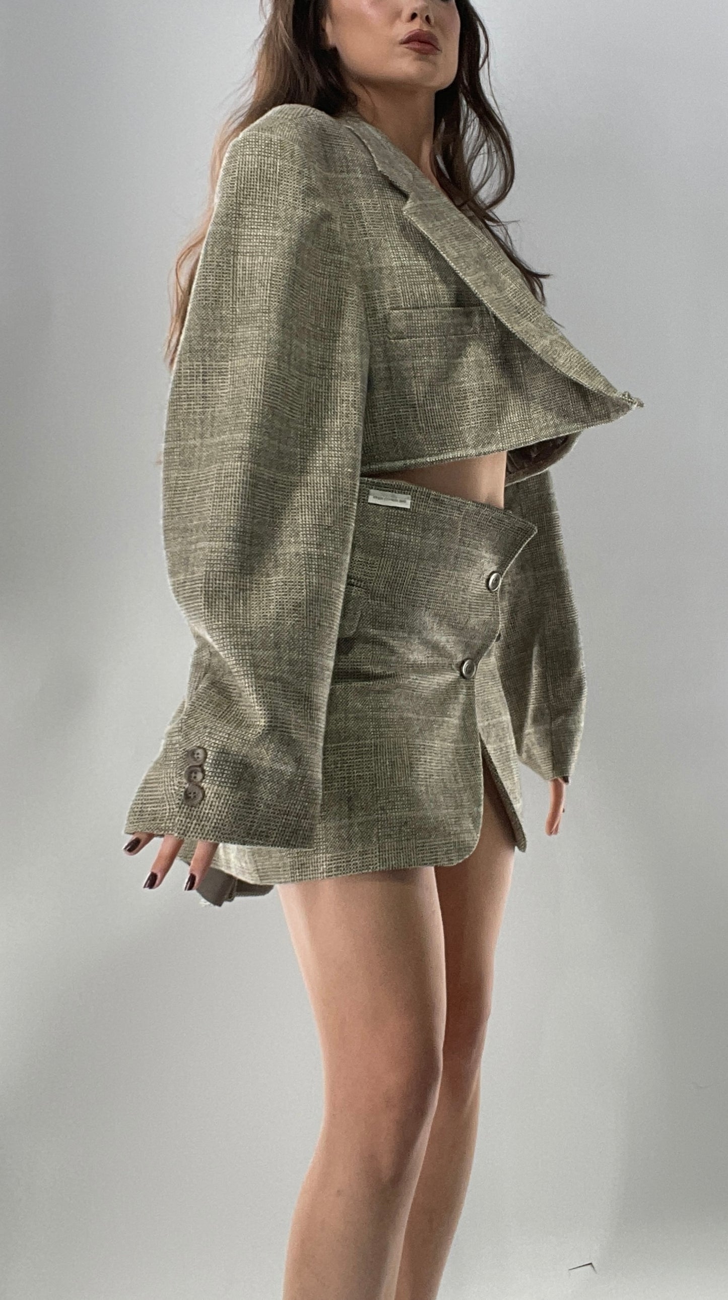 Vintage HAGGAR Handmade Upcycled Suit Set: 70% Wool Grey Blazer and Mini Skirt