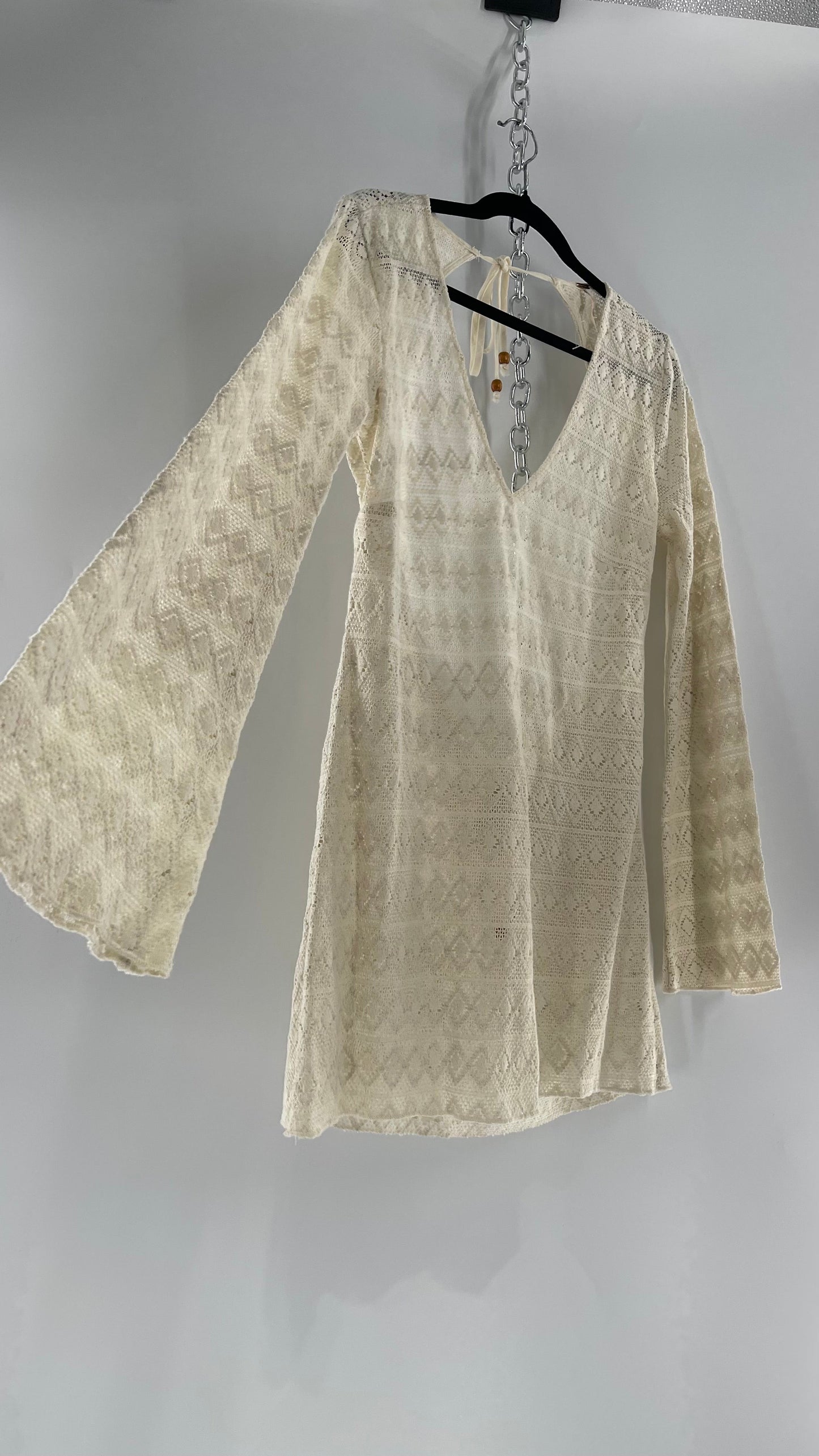 Free People Gauze Lace Open Back Mini Dress with Bell Sleeves (S)