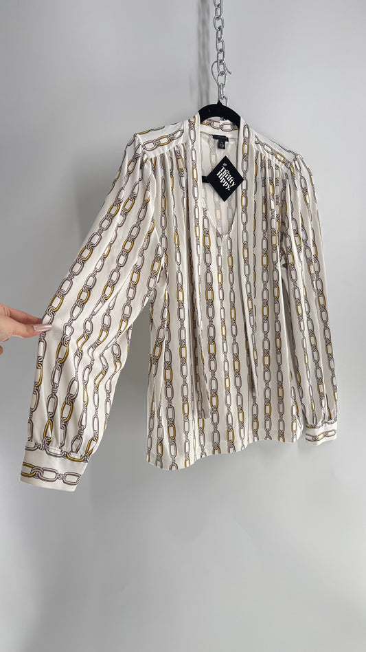ANN TAYLOR White Gold Chain Graphic Blouse with Neck Tie Detail (Medium)