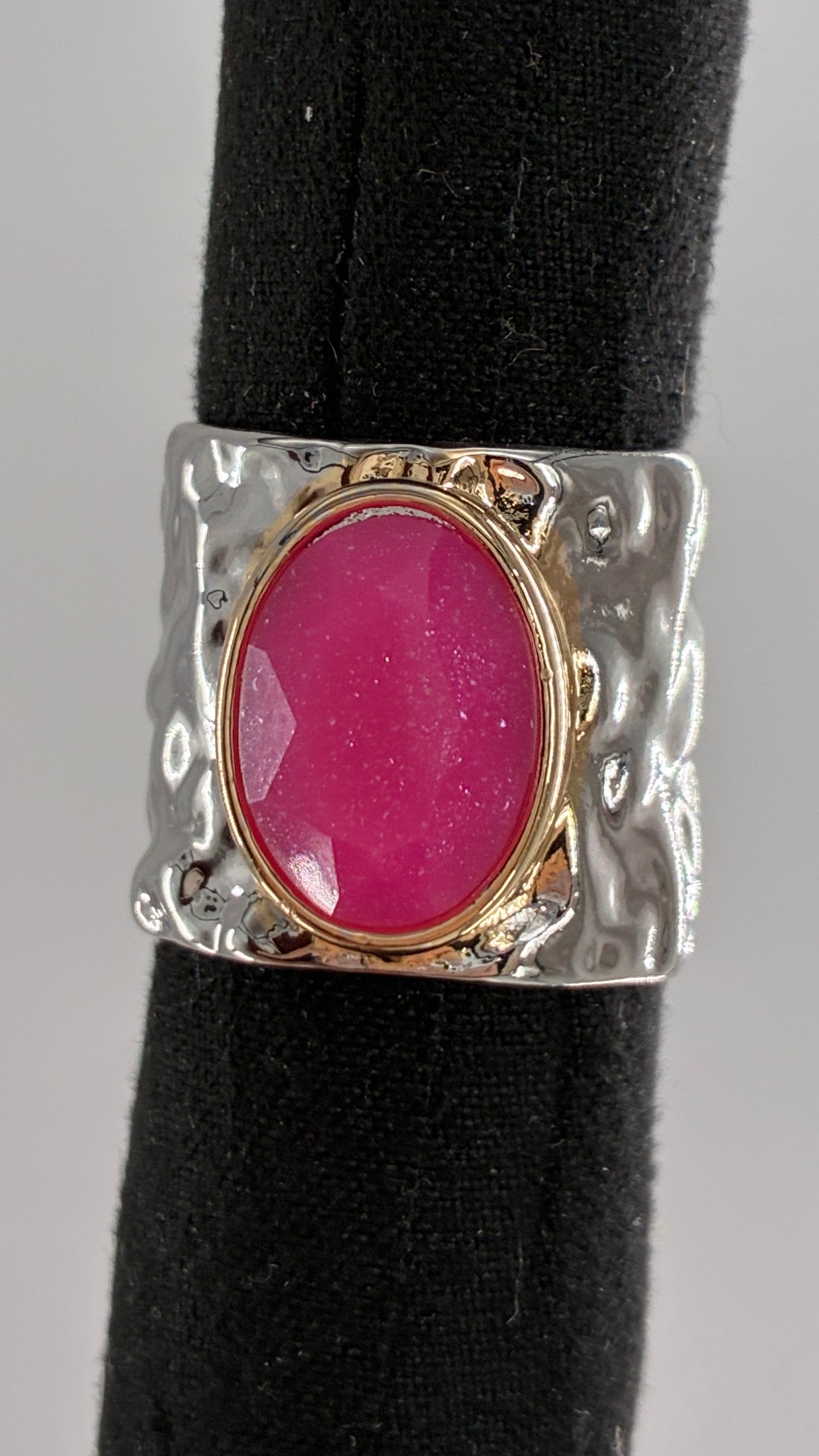 Silver Hammered Cuff Ring with Pink Gemstone