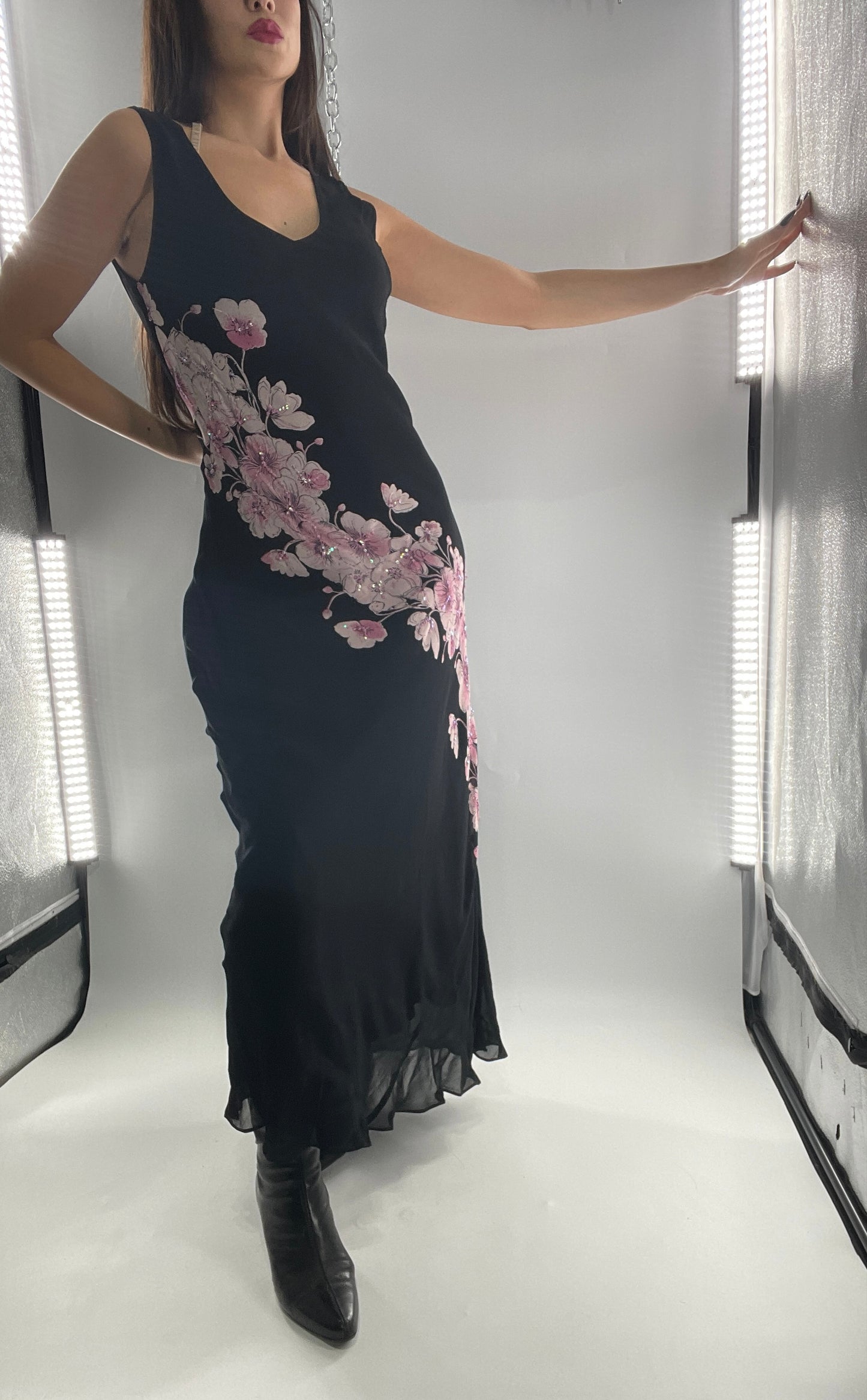 Vintage Dress Barn Black Slinky Maxi Dress with Pink Floral Graphic and Sequins (L)