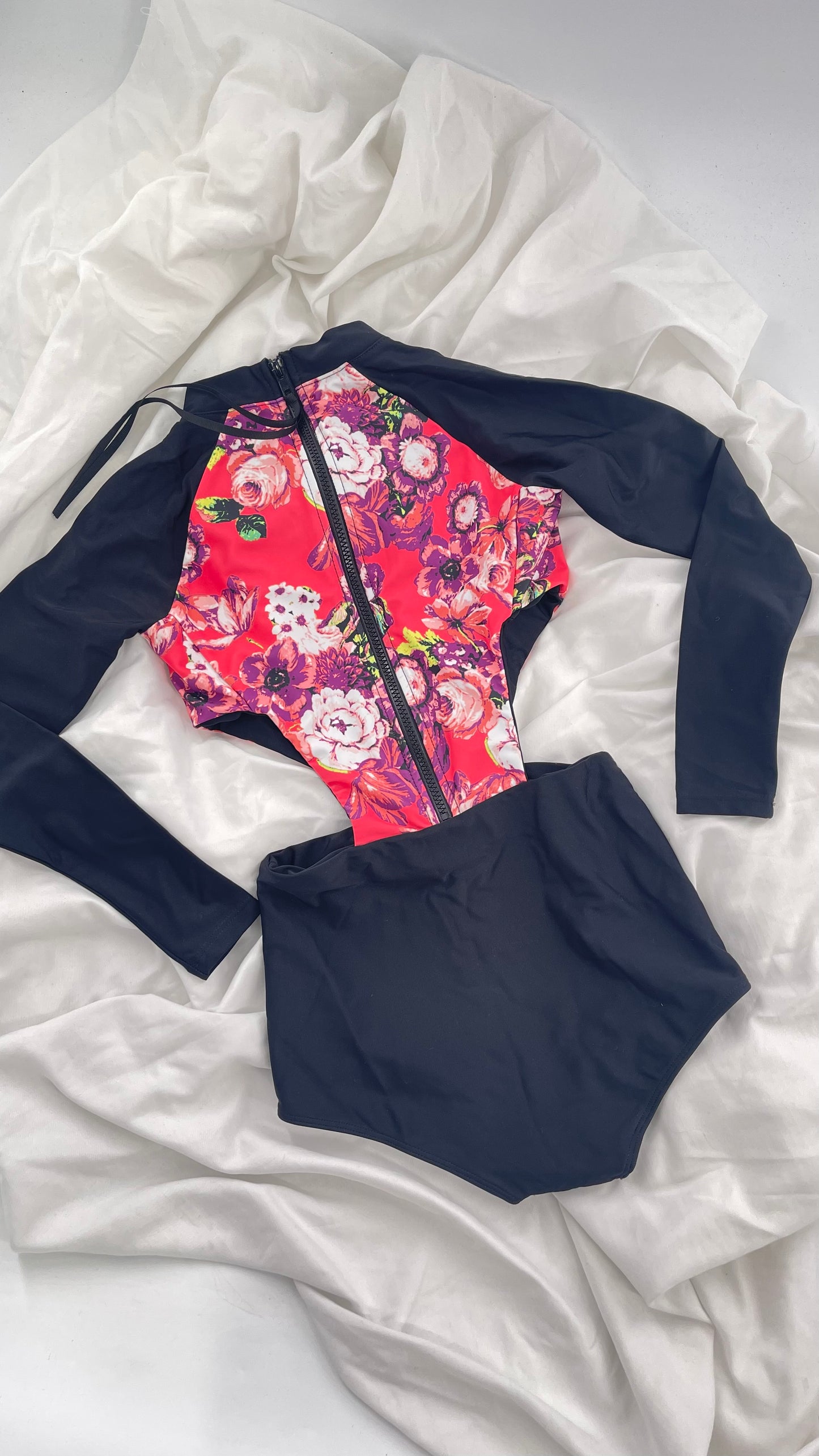 BEACH RIOT x Free People Black Long Sleeve Swimsuit with Hot Pink Floral Torso and Cut Outs (XS)
