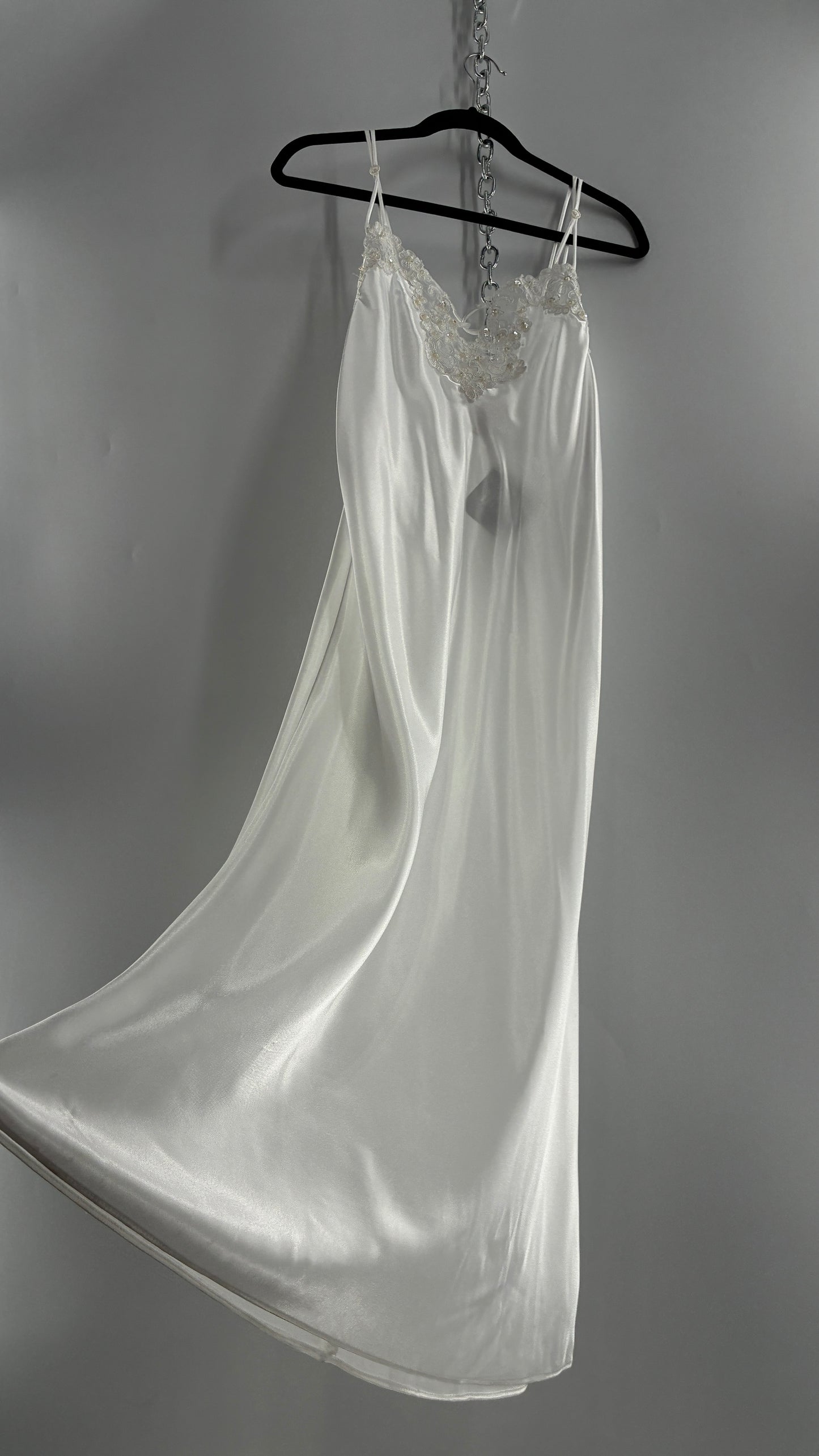 Vintage California Dynasty White Glossy, Silky Night Gown Style Dress with Sequined Lace Bustline (Small)
