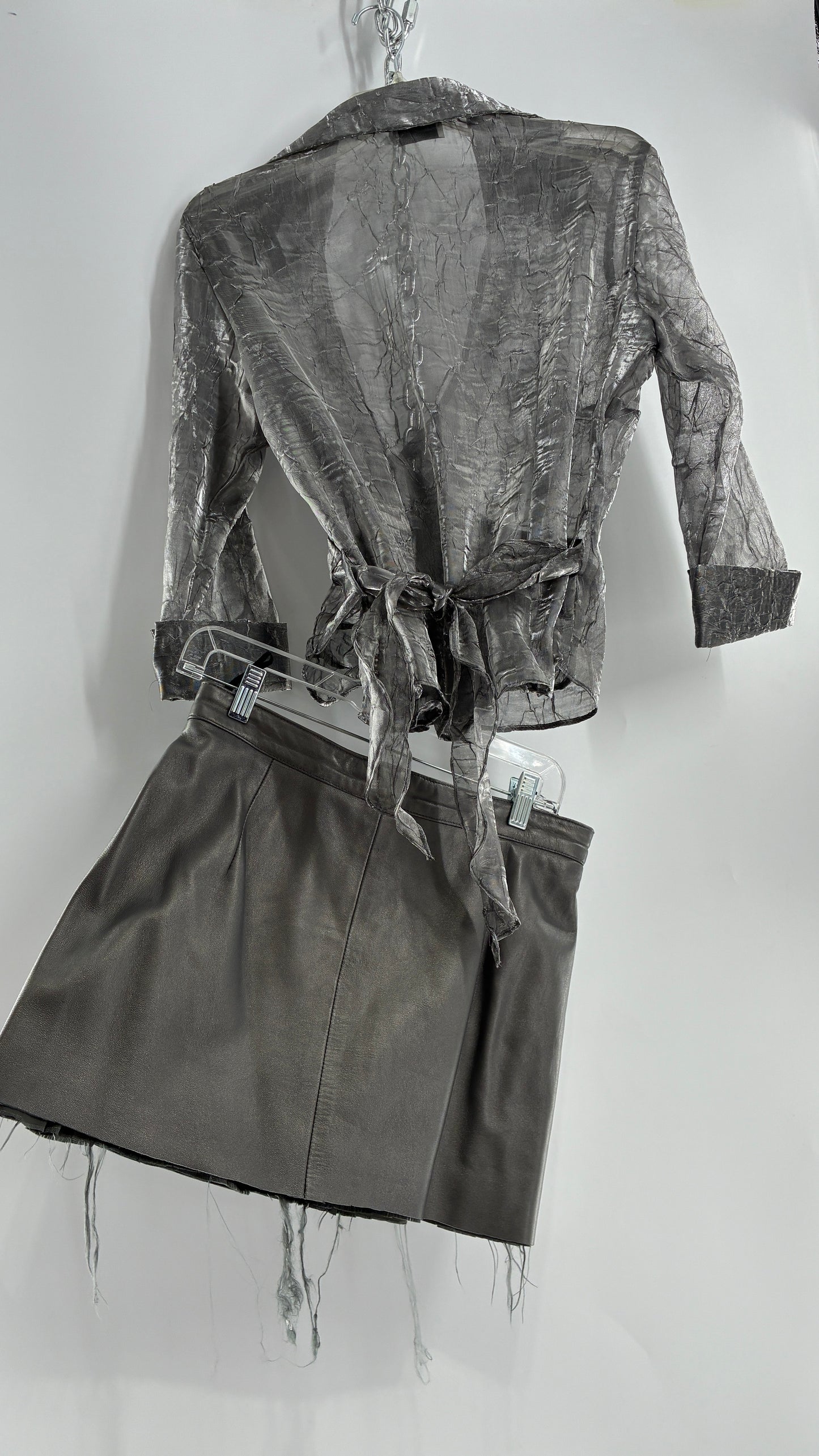 Vintage 1980s JUST PIERRE 3pc Metallic Silver Leather Trench Coat, Micro Mini Skirt and Sheer Blouse Set (S/M)