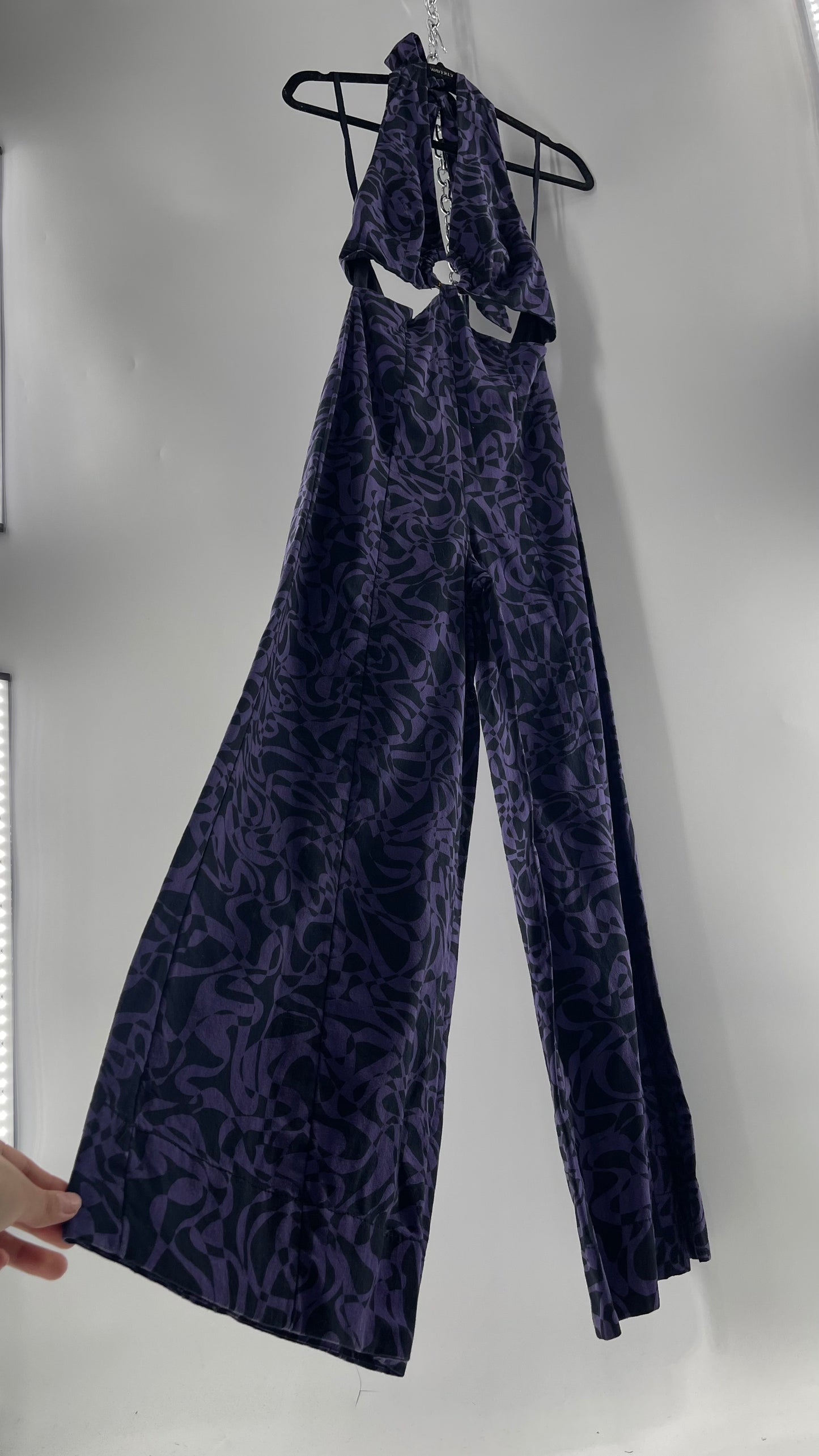 Free People Kira Retro Black and Purple Wide Leg Halter Jumpsuit with Tortoise Bust Loop (XS)