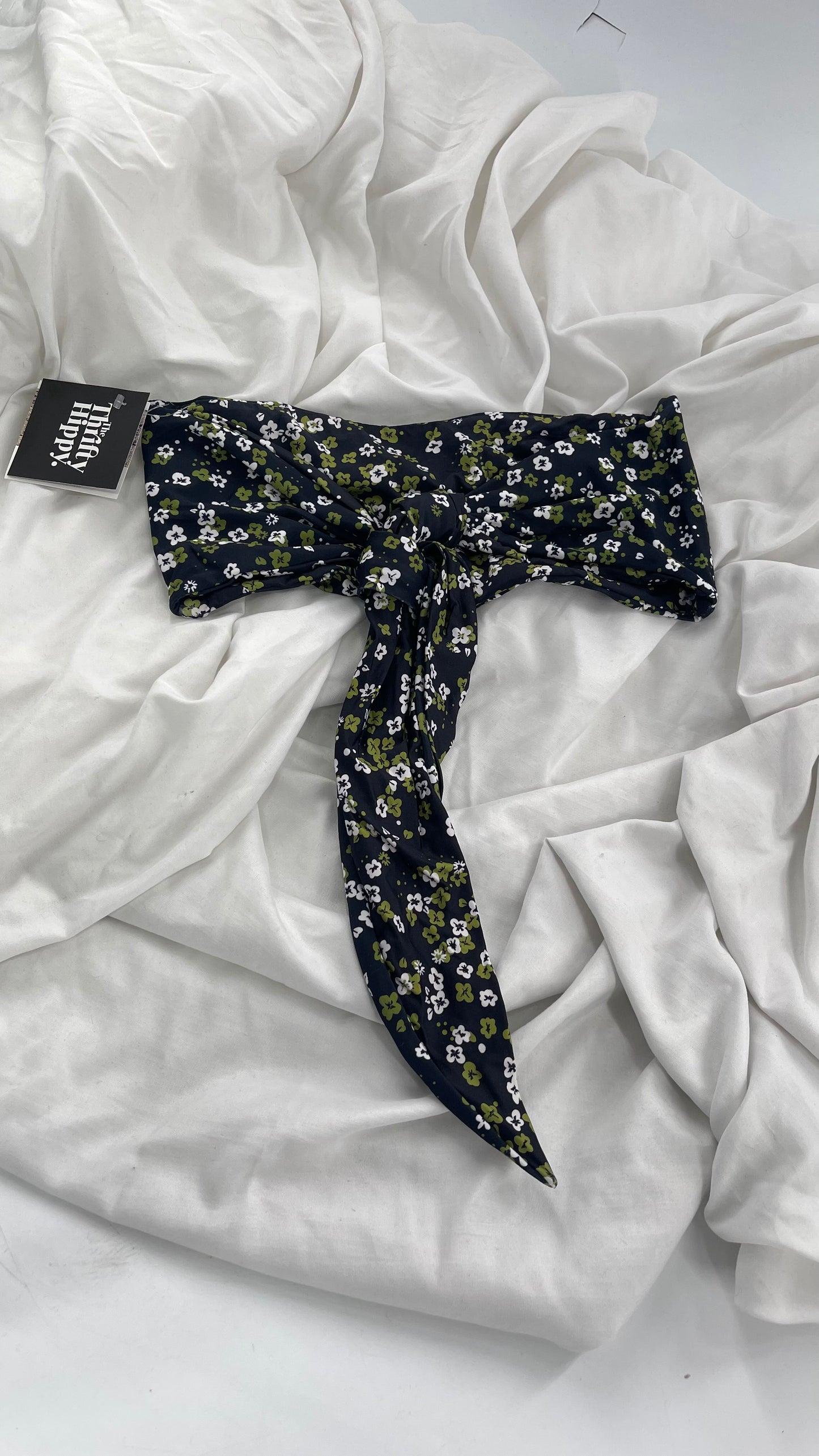 GILLIA swim Black Tie Up Bandeau with Green Poppy Florals (Medium)