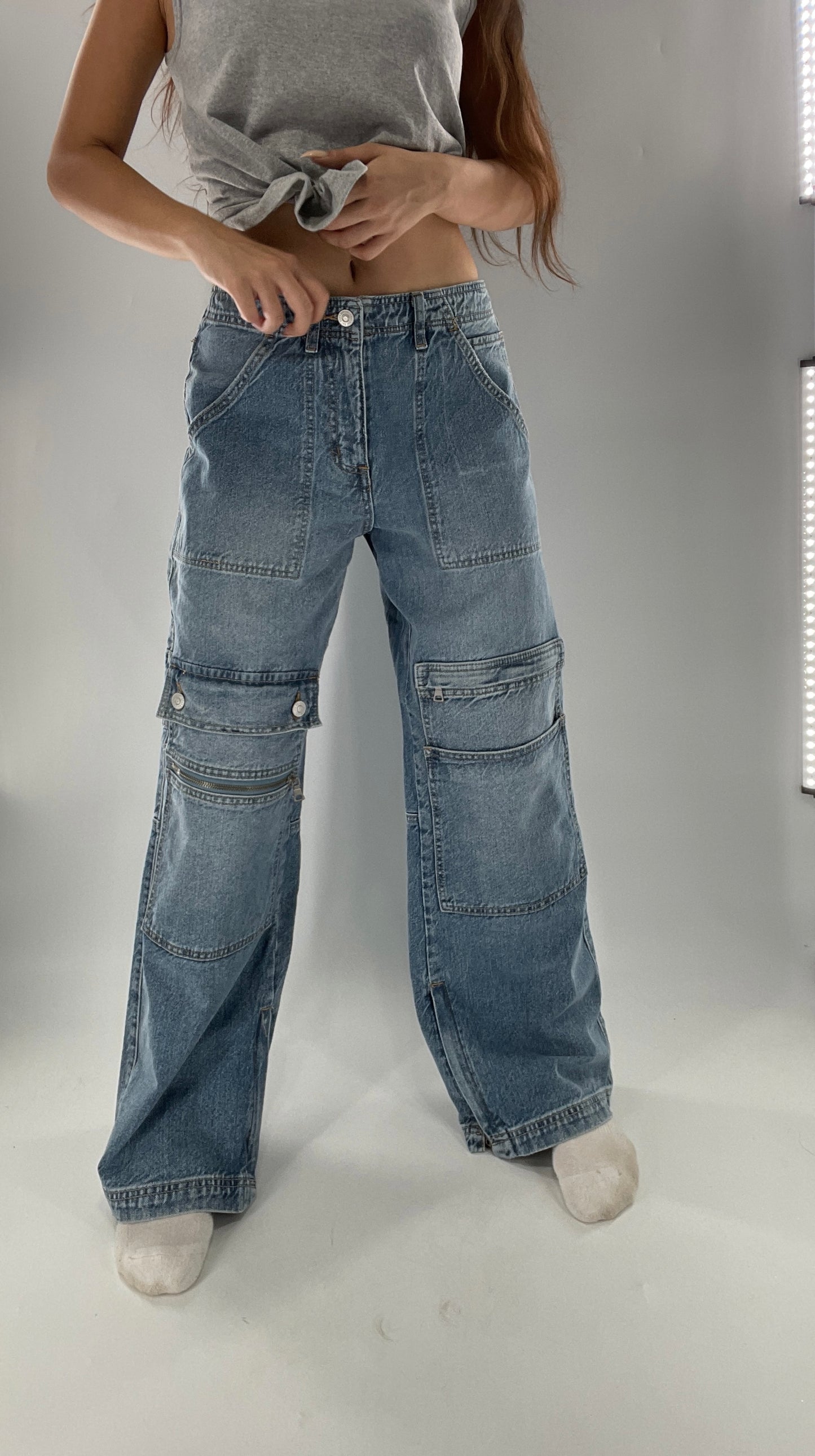 Free People Wide Leg Cargo Jeans Covered in Pockets, Zippers and stitching (27)