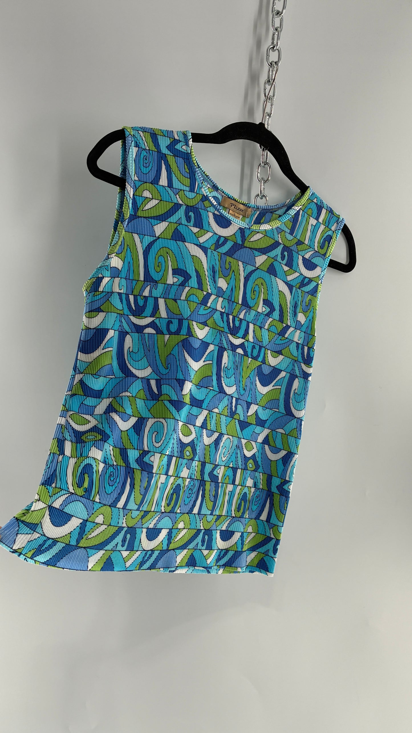 Vintage PLISSÉ Abstract Blue and Green Crimped Camisole (Large)