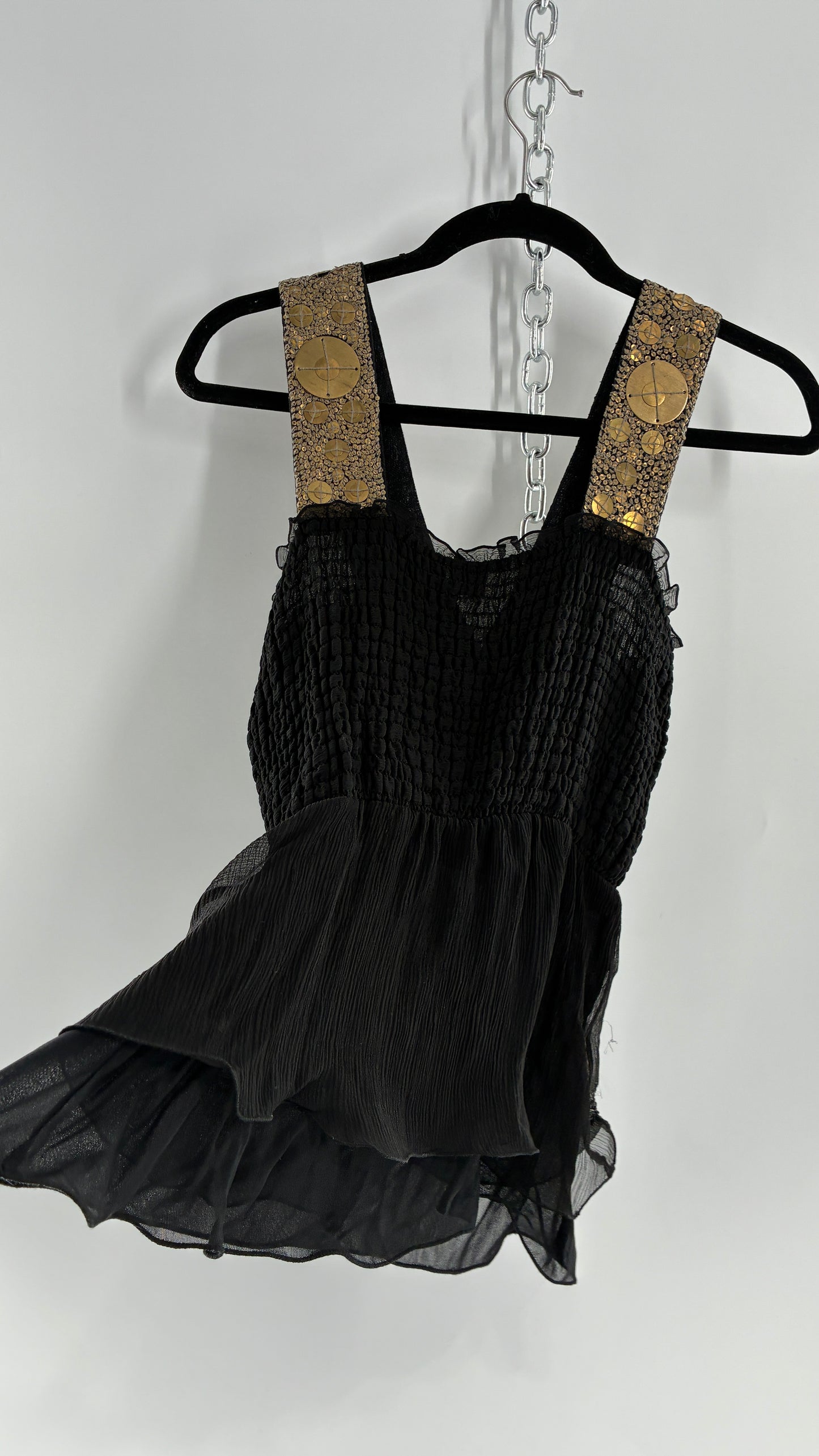 Vintage SAKS FIFTH AVENUE Black 100% Silk Camisole with Heavily Beaded Bronze Appliqué Strap (Small)