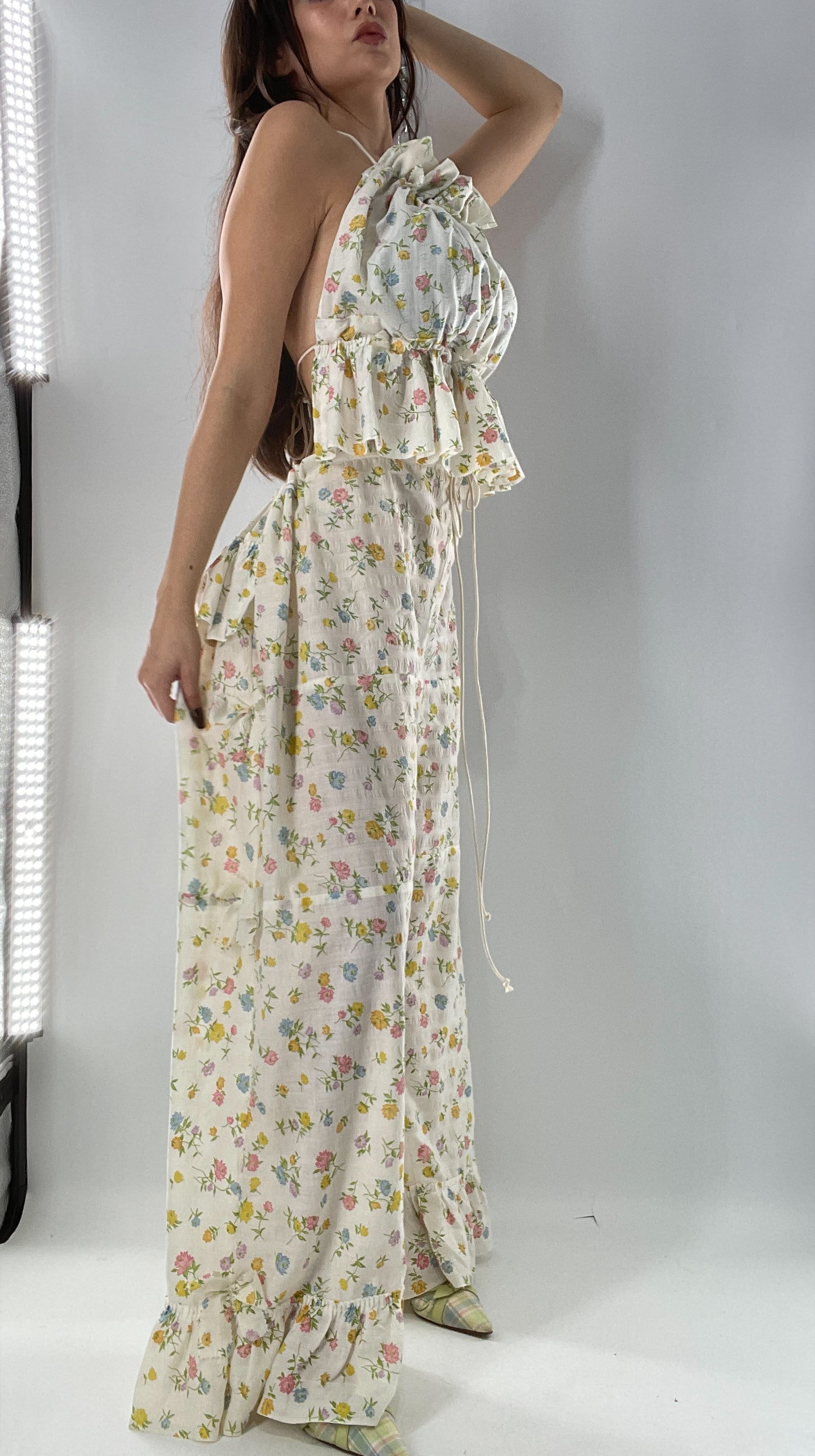 Vintage 2 Piece Floral Babydoll Set with Adjustable Top and Adjustable Pants Featuring Bow Sides and Ruffles Bum (One Size)