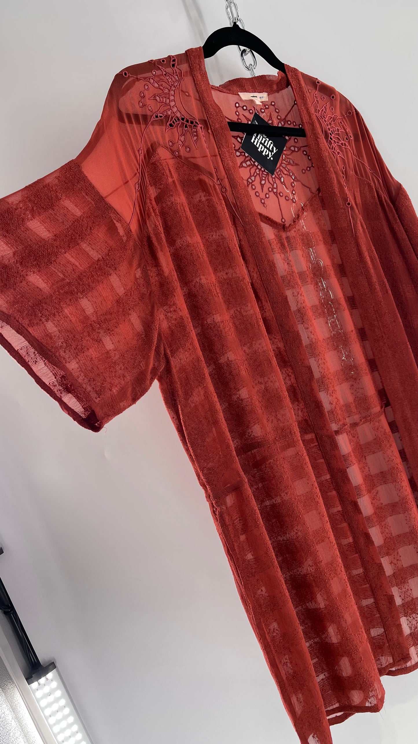 NFO Anthropologie Burnt Orange Cape With Embroidered Solstice Sun and Crescent Moon Designs (One Size)