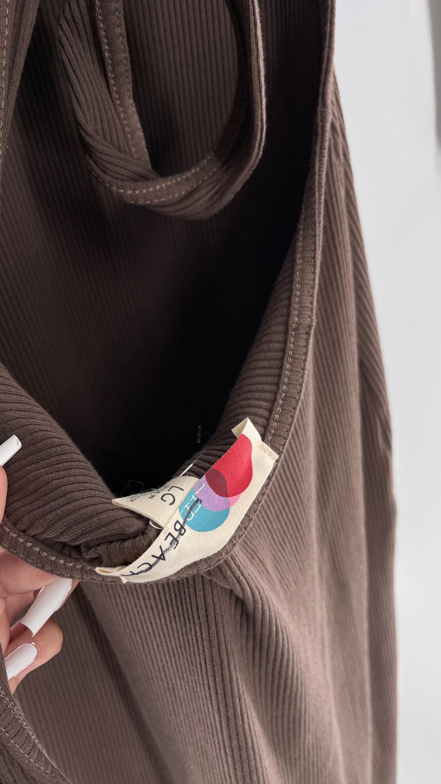 Free People Brown Ribbed Maxi Dress with Low Open Back and Dramatic Tie Detail (Large)