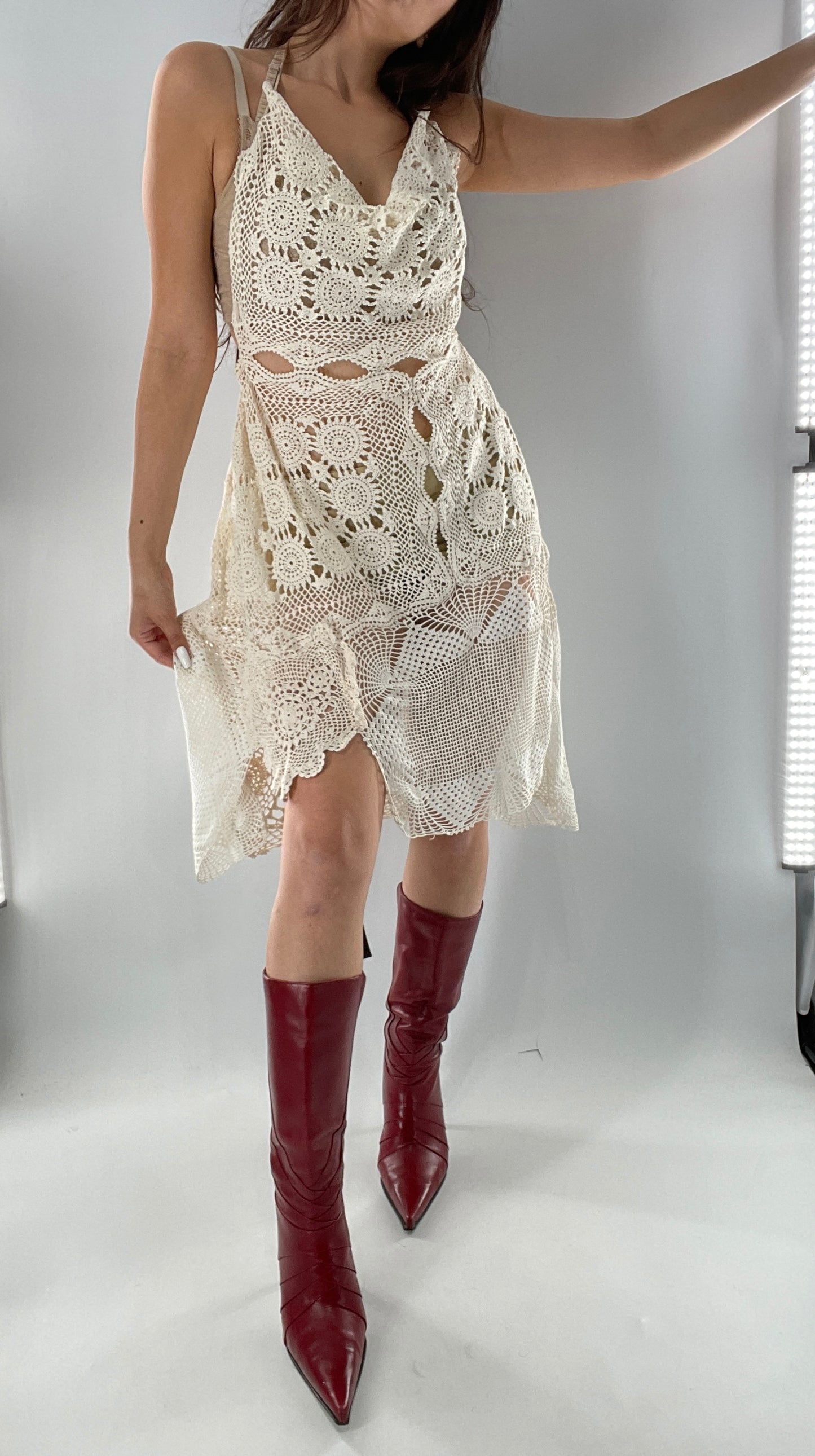 Vintage Handmade Crochet Cottage Adjustable Dress with Open, Low Back (One Size)