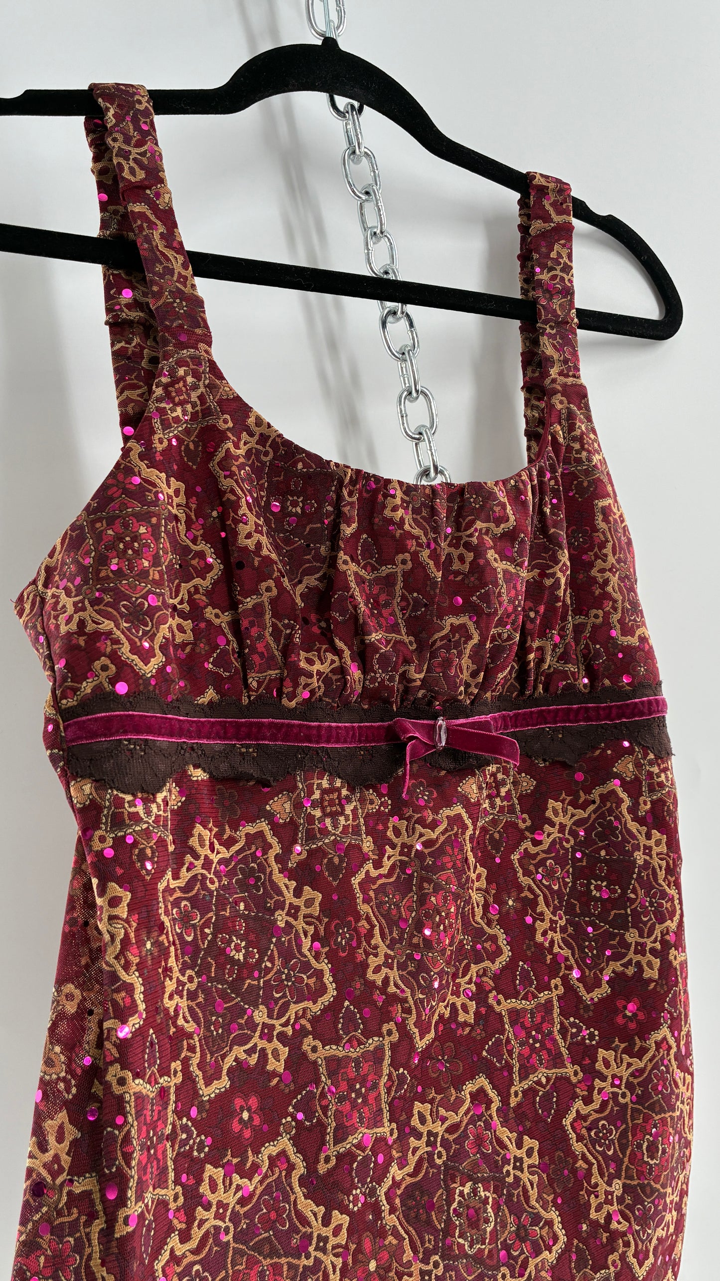 Vintage SELF ESTEEM Maroon Camisole with Sequins, Ruched Bust, and Velvet Ribbon Detail (Large)