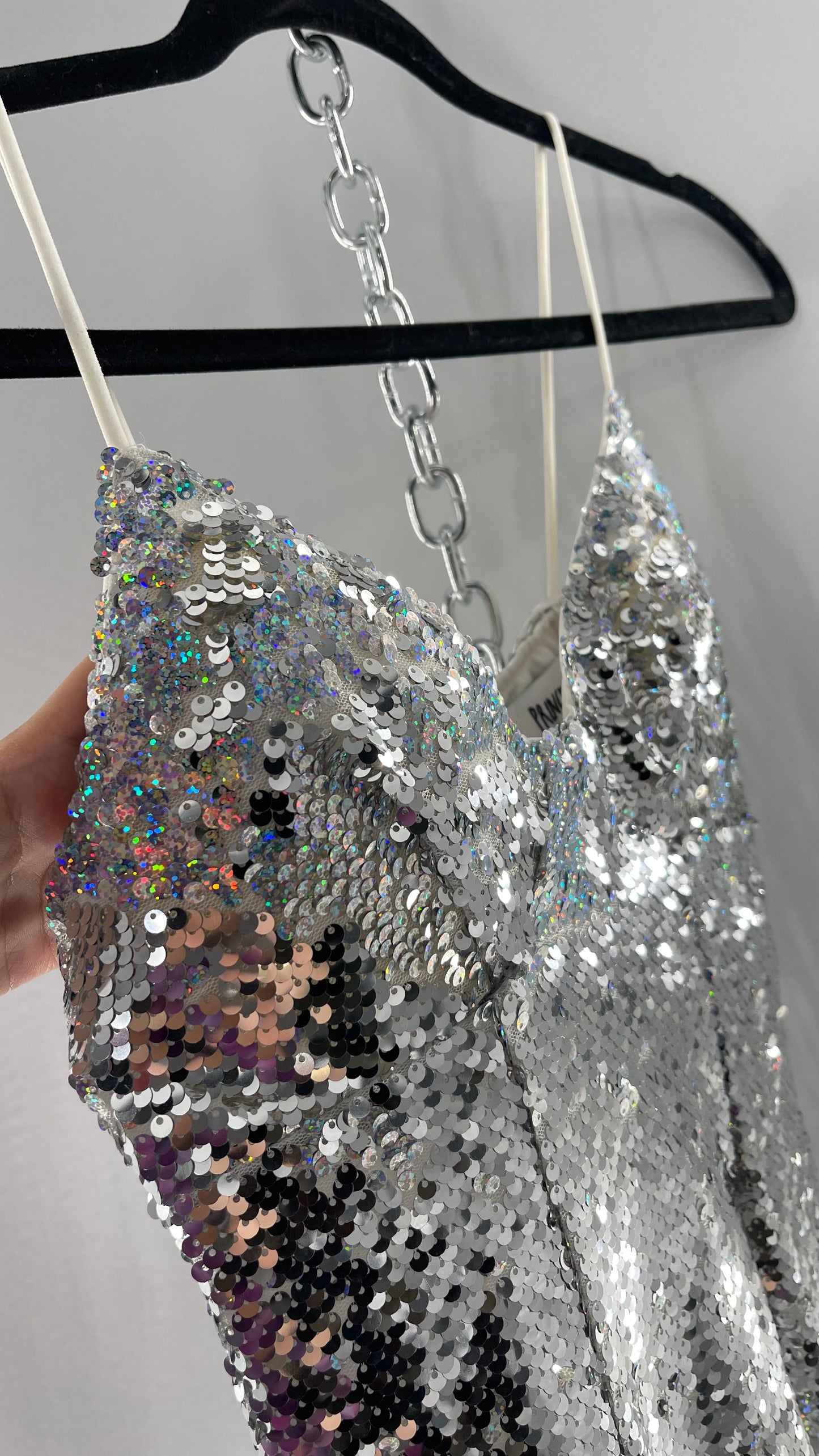 Princess Polly Silver Iridescent Sequin Mini Dress with Triangle Cups and Thigh Slit (0)