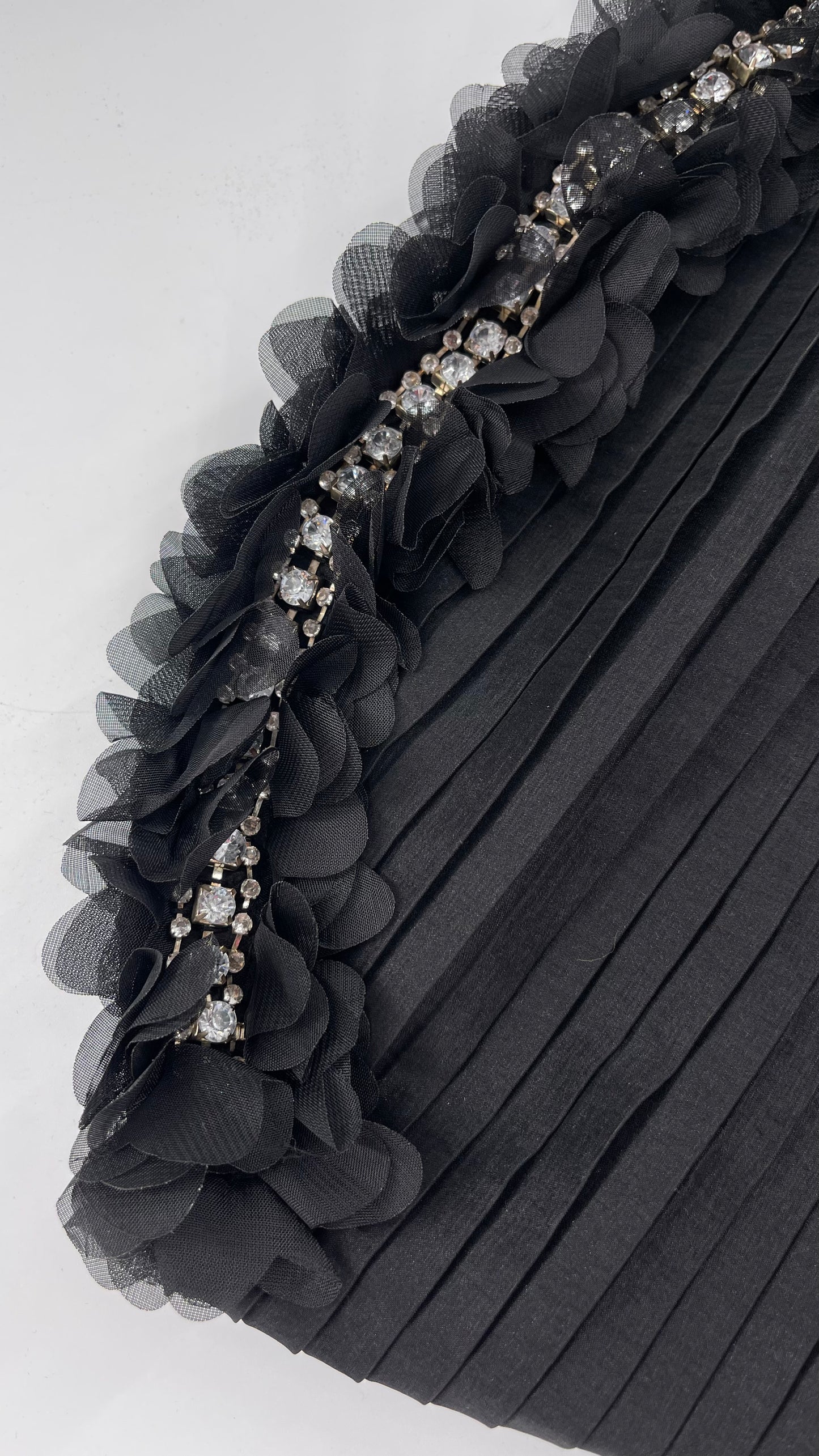 C.O:GWBG Black Dress with Pleated Bodice, Floral Ruffled Skirt and Bedazzled Bustline (S/M)