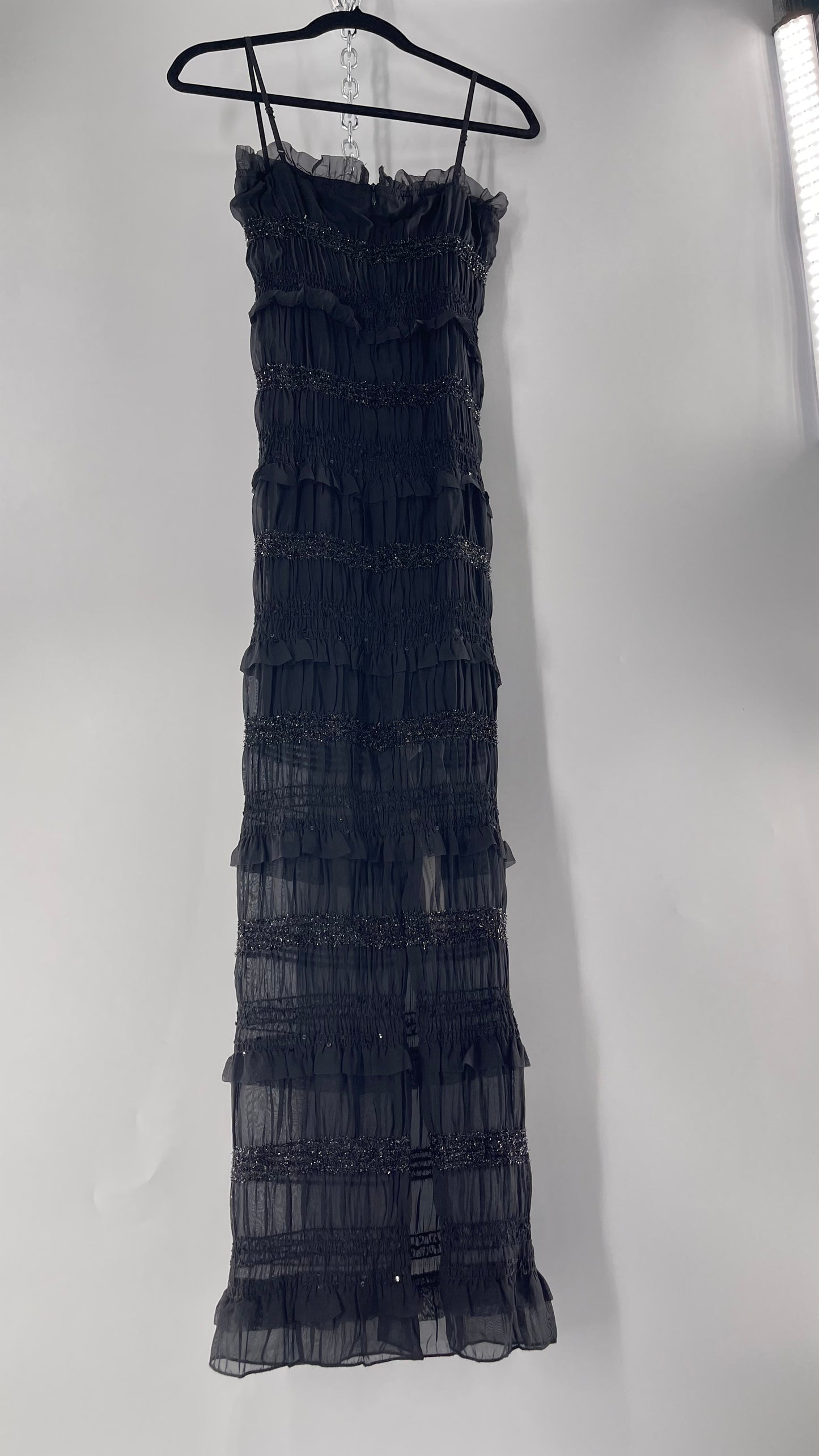 The Commense Black Sheer Crimped Midi Dress with Stripes of Tinsel and Ruffle with Tags Attached (Medium)