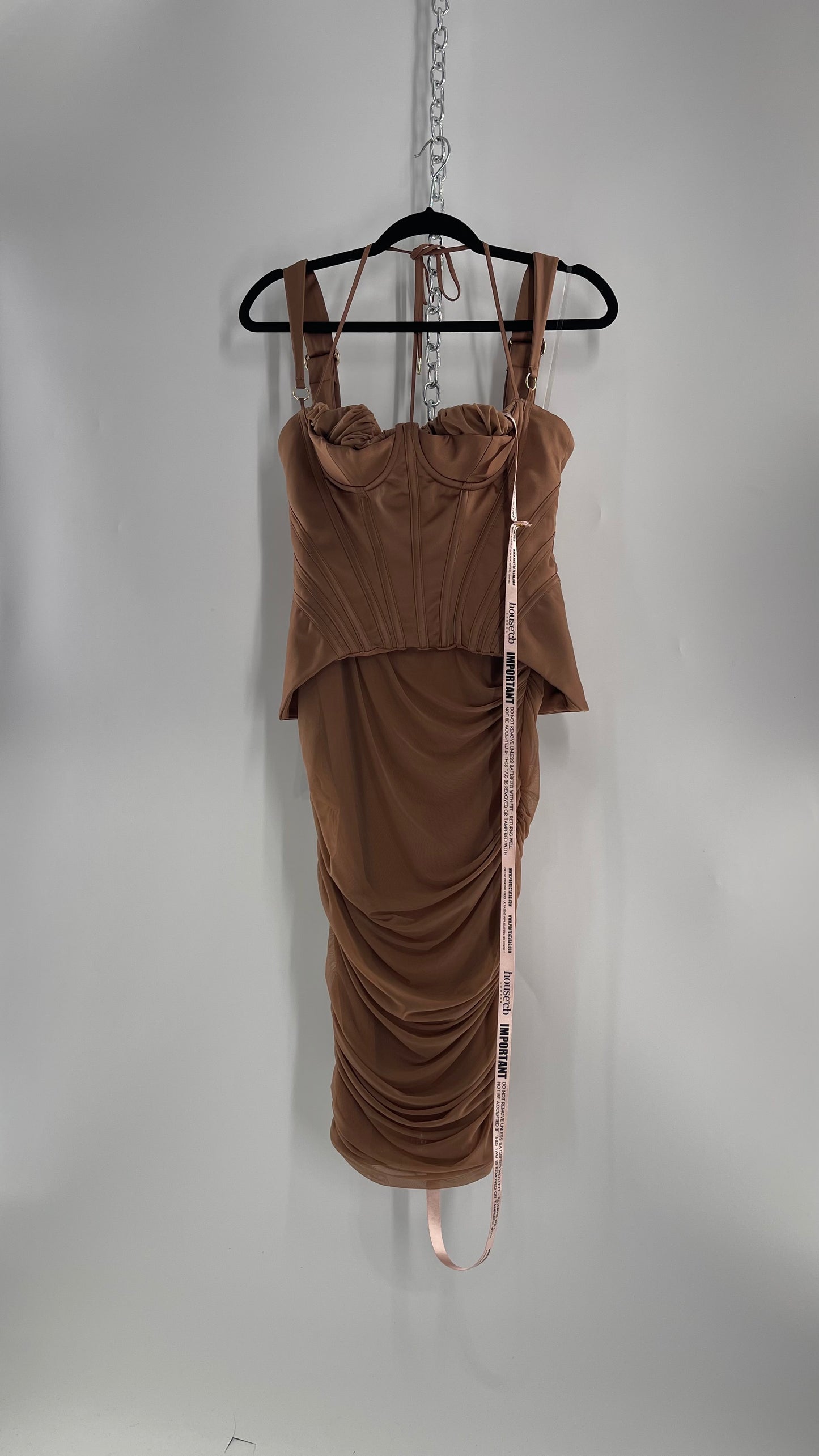 House of CB Talya Toffee Satin Corset Midi Dress with Ruched Skirt (Medium)
