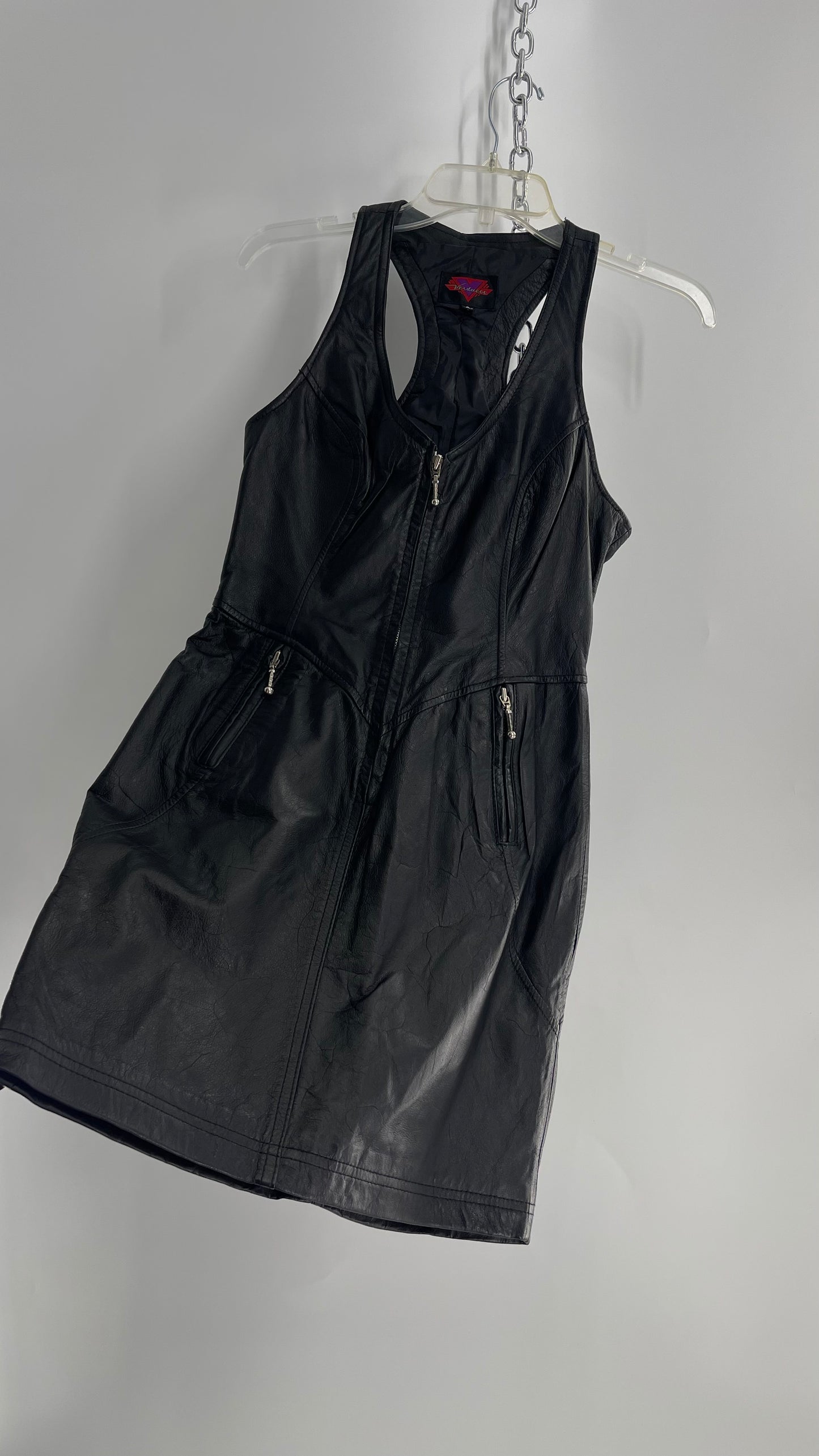 Vintage 1980s VERDUCCI Black Leather Zip Front Mini Dress (Small)