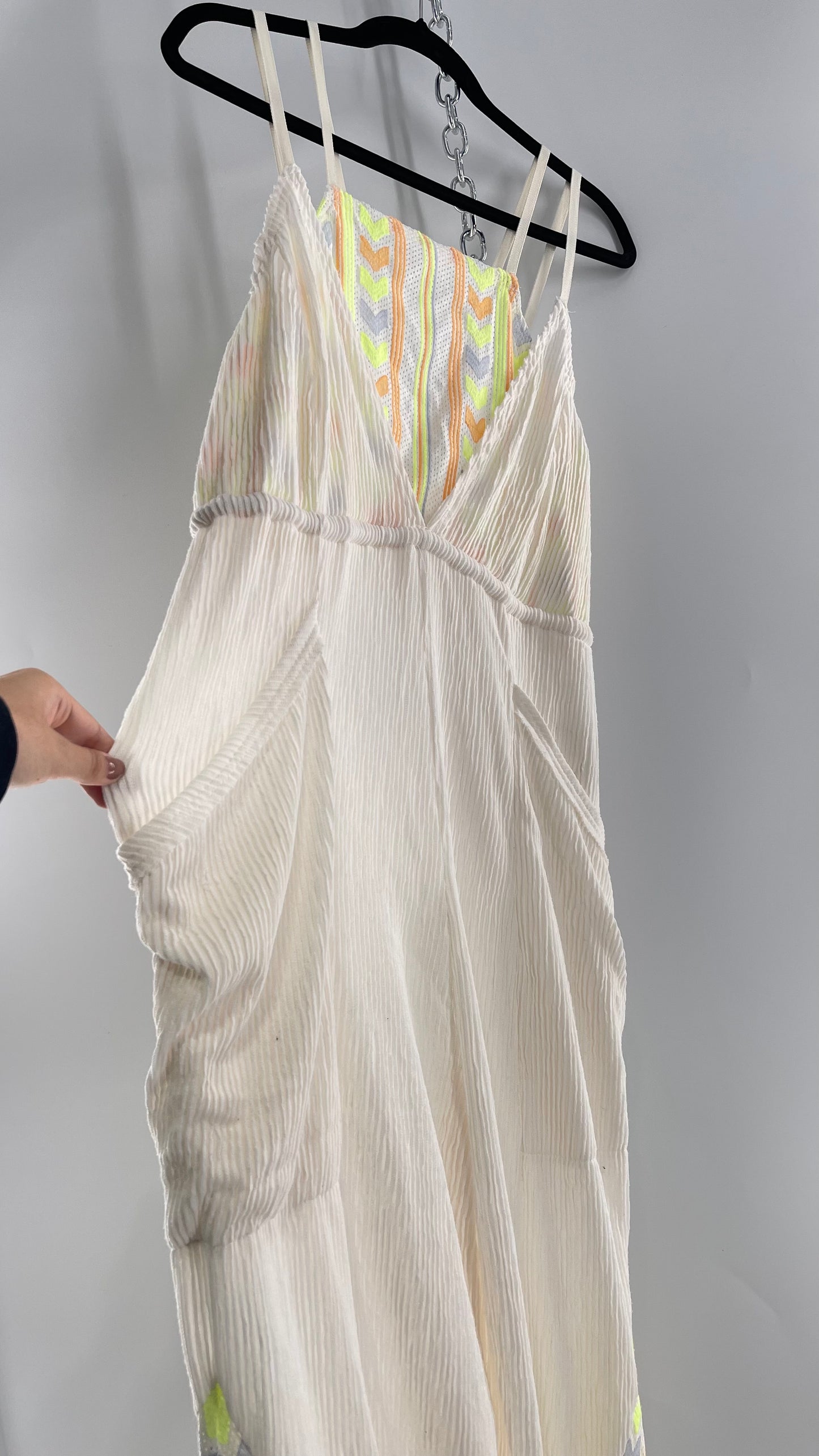 Free People Movement Cream Ribbed Jumpsuit with Yellow/Orange Embroidered Details and Waist Cinching Drawstring (Small)