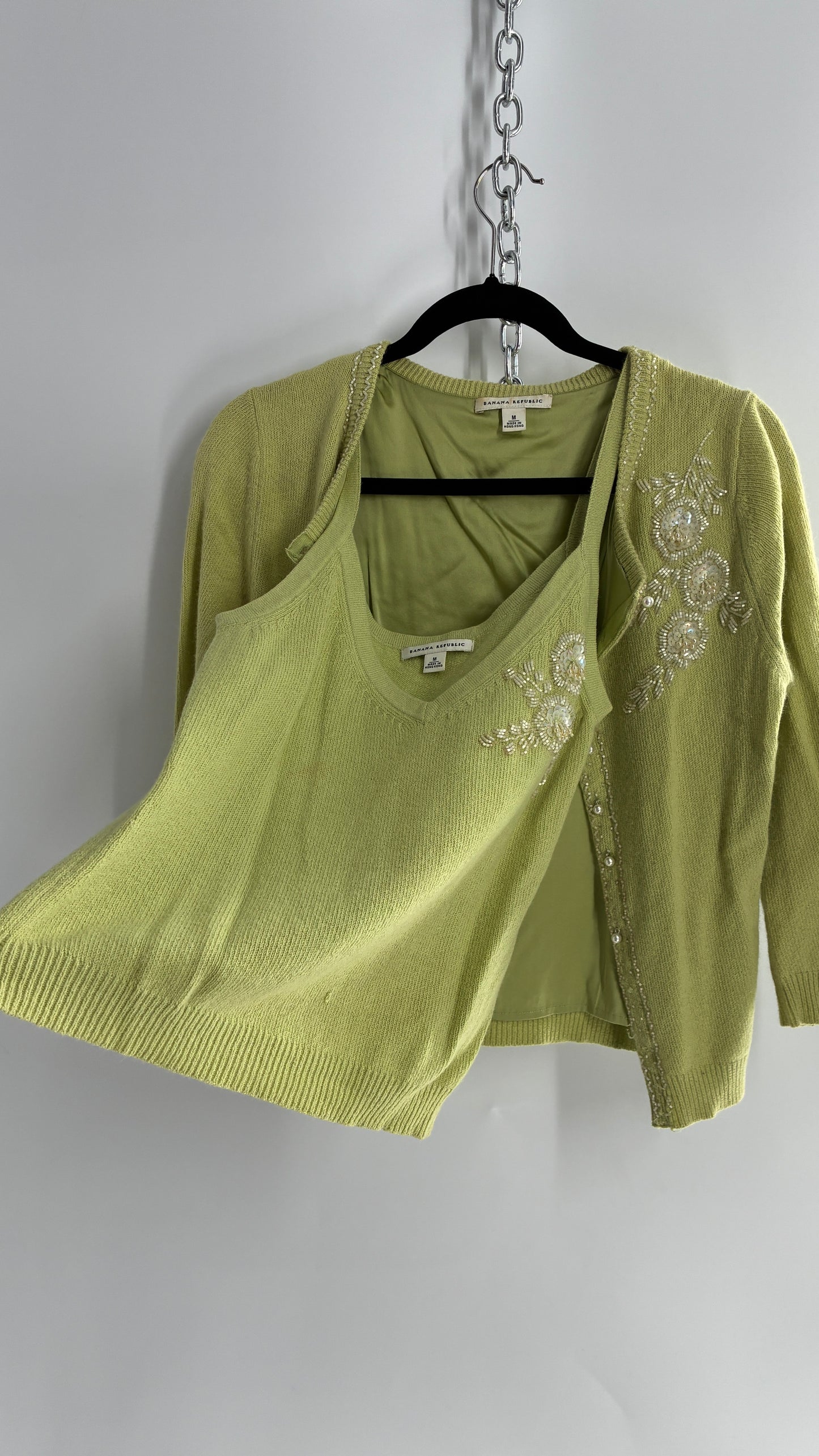 Vintage Banana Republic Bedazzled, Beaded Lime Green Cardigan and Knit Tank Set (Medium)