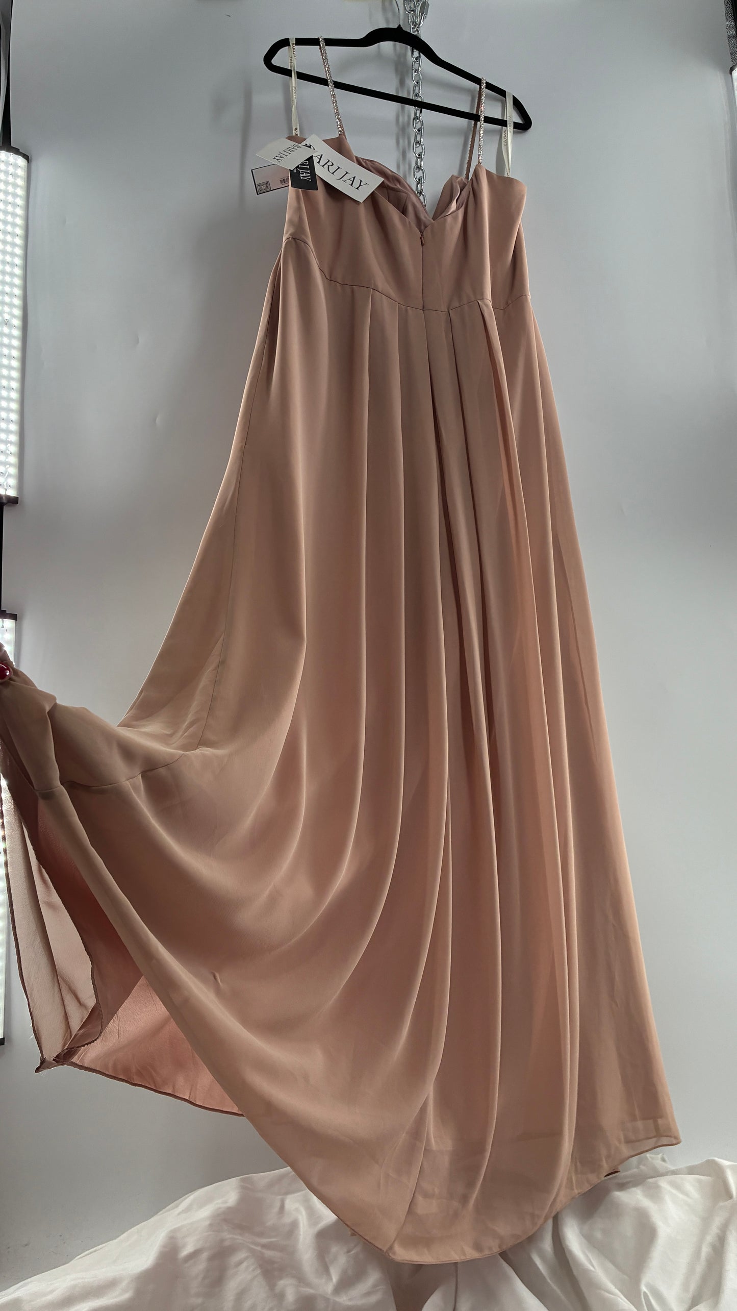 Vintage BARI JAY Nude/Blush Pink Full Length Dress with Embellished Straps and Side Slit Detail (16W)