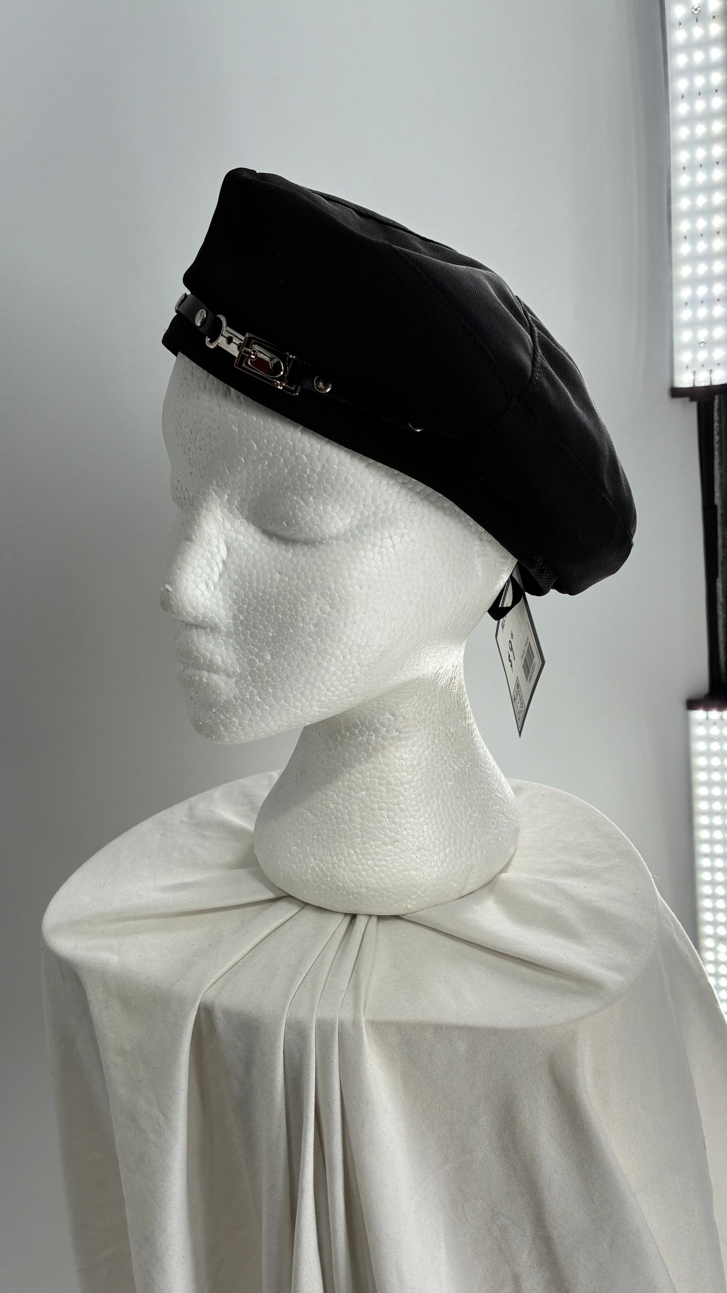 Black Beret with Vegan Leather Strap with Silver Metal Hardware