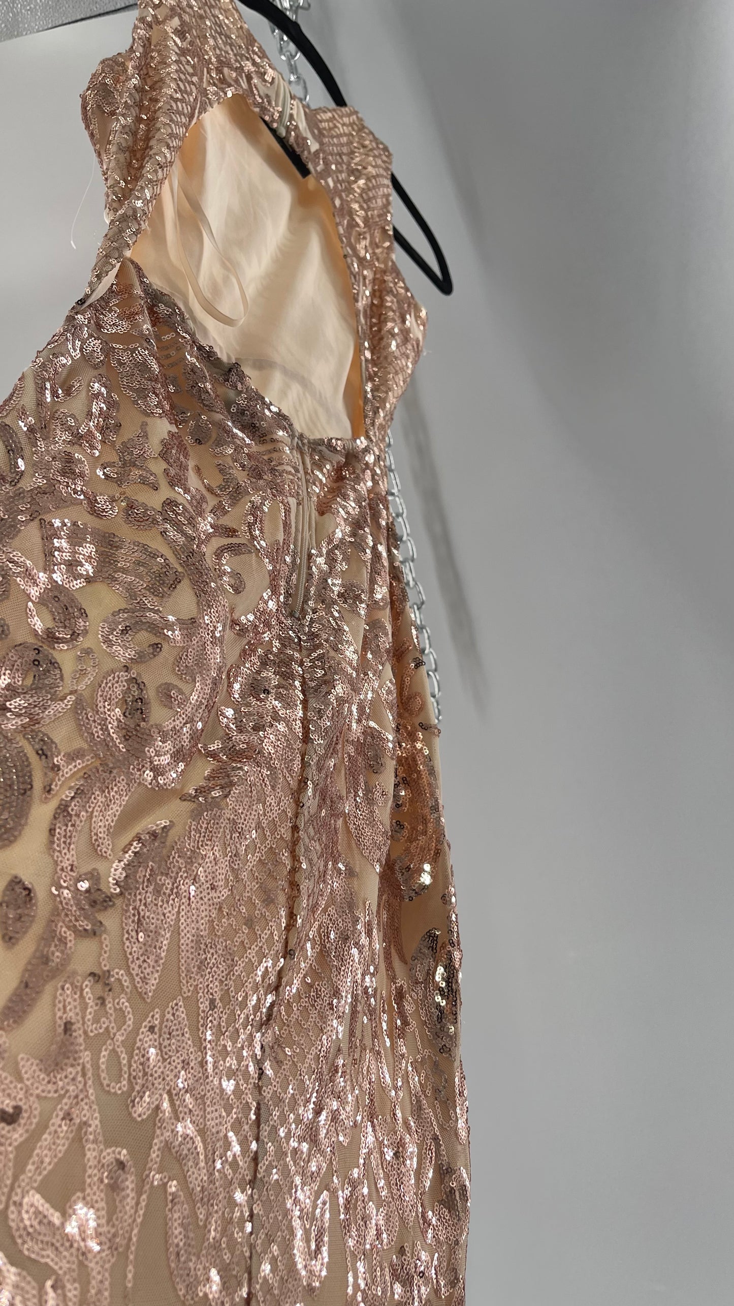 Windsor Rose Gold Sequin Maxi Dress with Side Slit Detail and Open Back (Small)