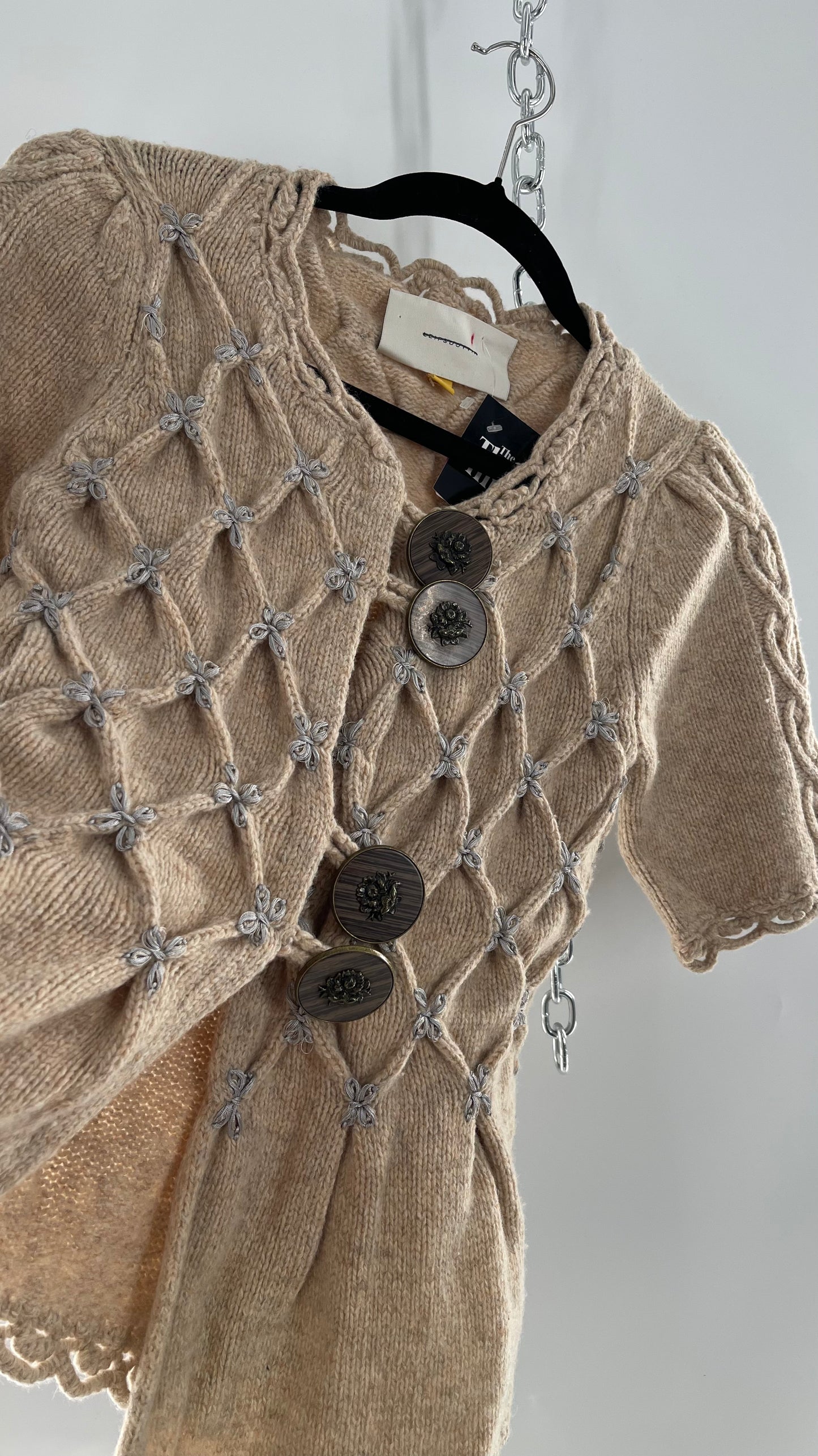 Anthropologie Leifsdottir Knit Argyle Embroidered Sweater with Oversized Statement Buttons (XS)