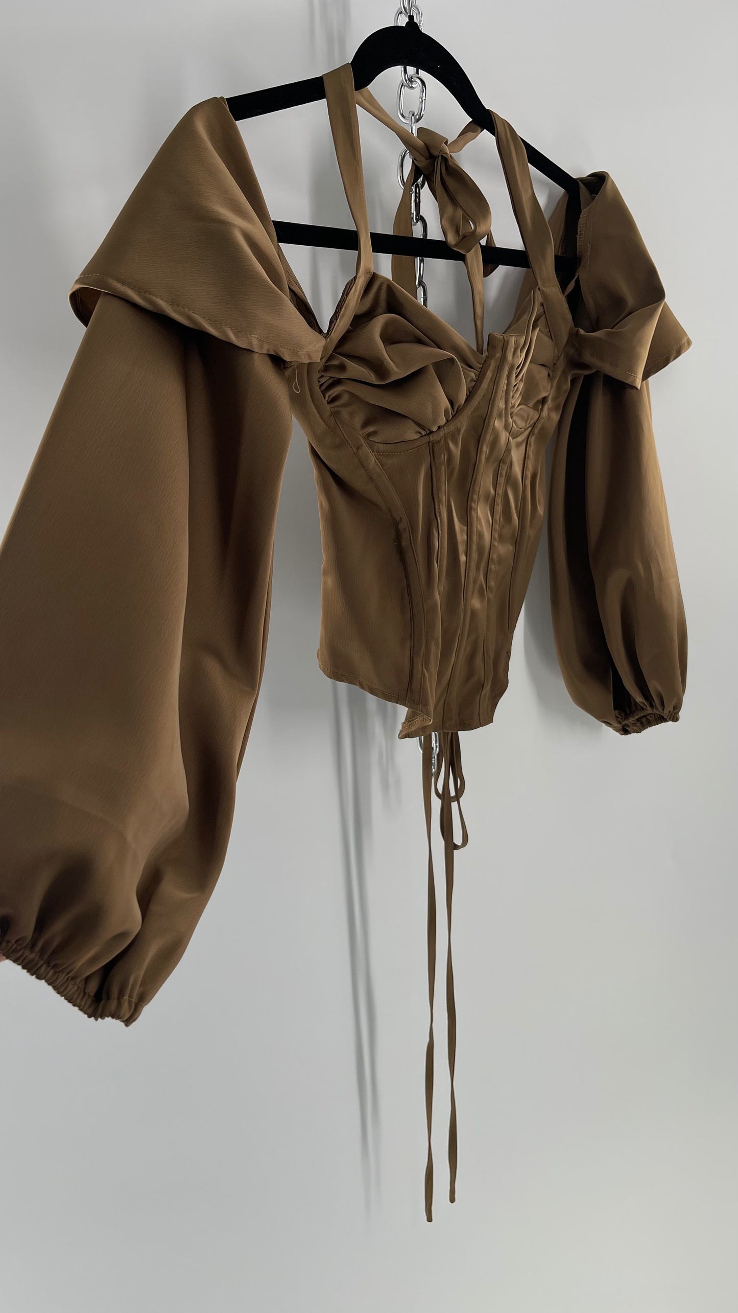 Pretty Little Thing Tan/Gold Corset Blouse with Draped Shoulders, Balloon Sleeves, Halter Strap and Lace Up Back (4)