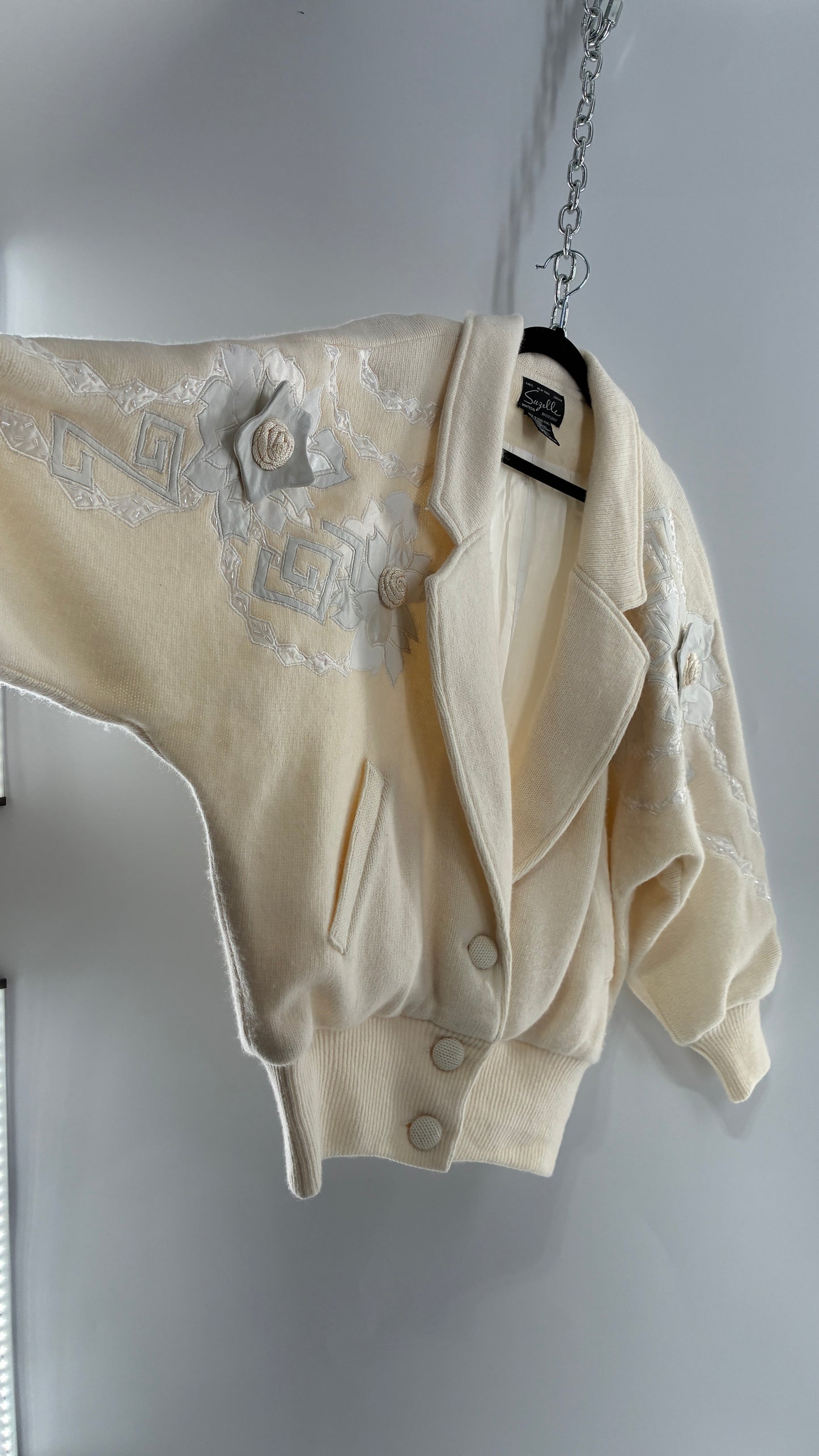 Vintage SUZELLE 70% Lambswool, 20% Angora Rabbit Off White Woven Bomber Jacket with Leather Flower Appliqués (Medium)