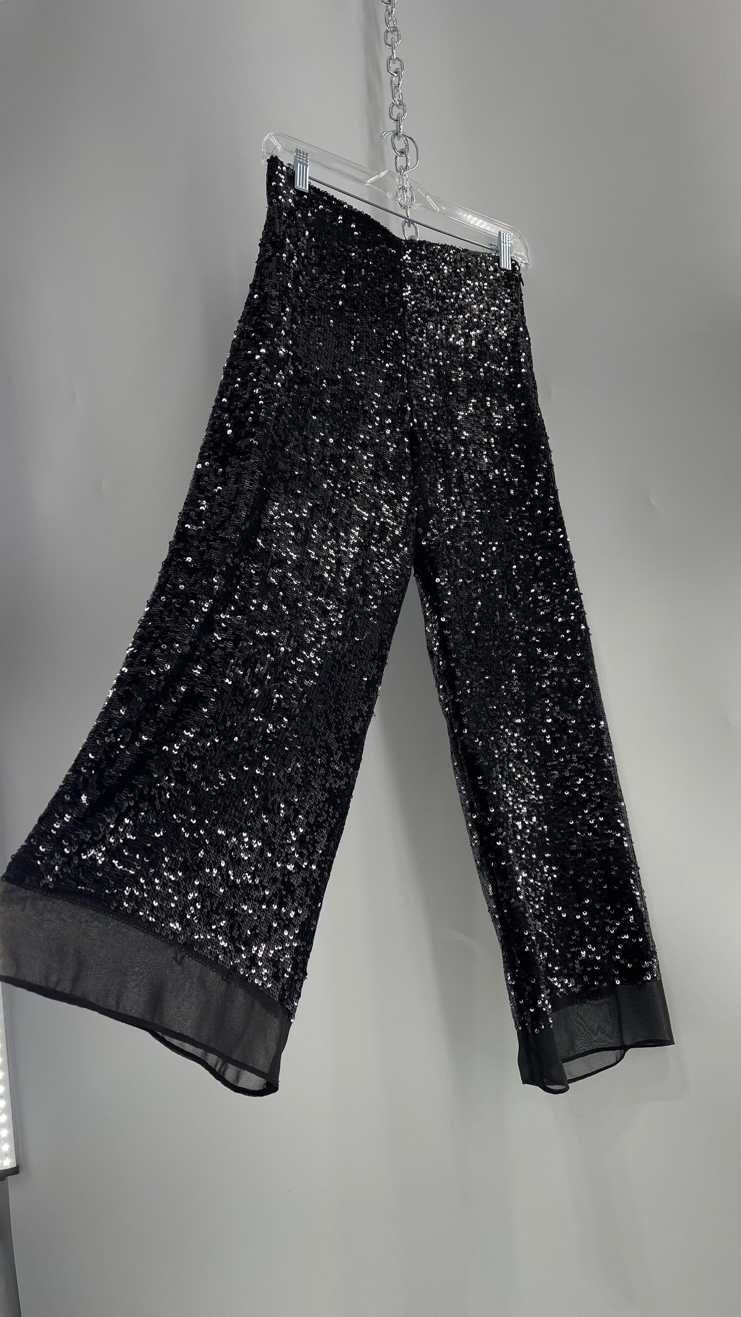 ZARA STUDIO Black Sequin Pijama Trouser with Chiffon Hem and Ribbon Lined Waist (Medium)
