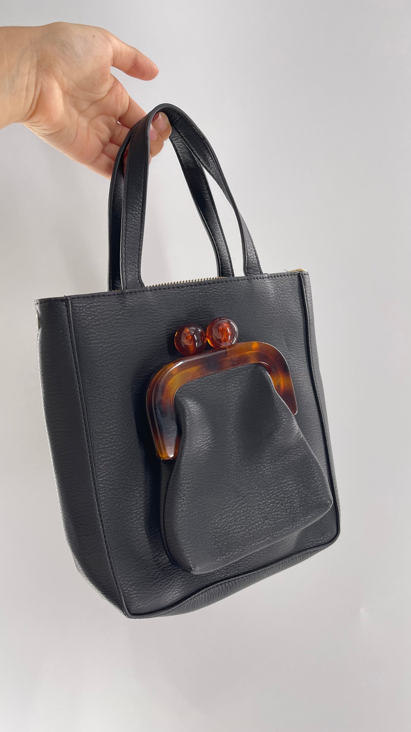 Anthropologie Black Vegan Leather Purse with Detachable Coin Purse and Strap