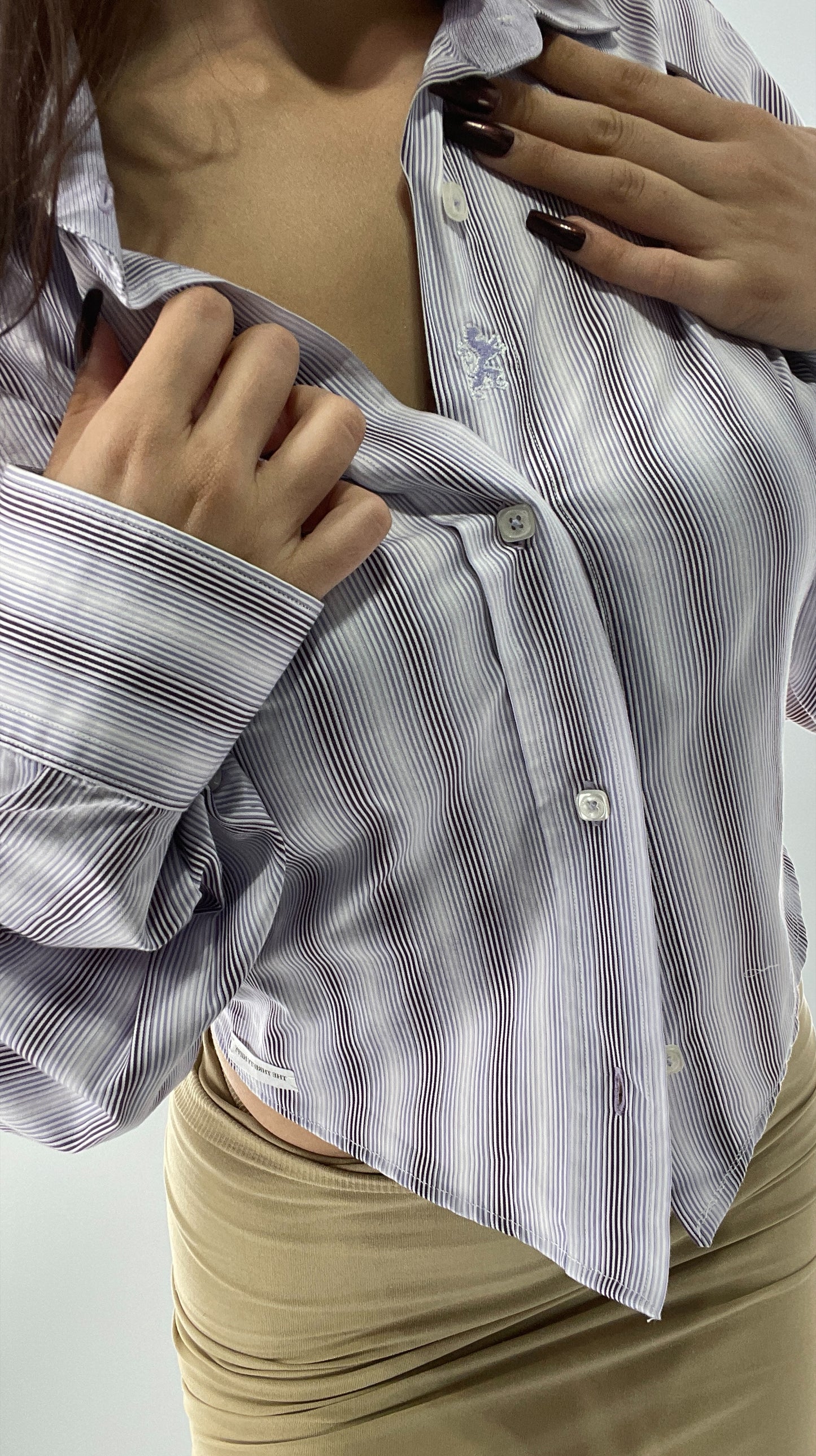 Vintage Designer Bugatchi Reworked Button Front Backless Purple Striped Blouse with Embroidered Details (One Size)