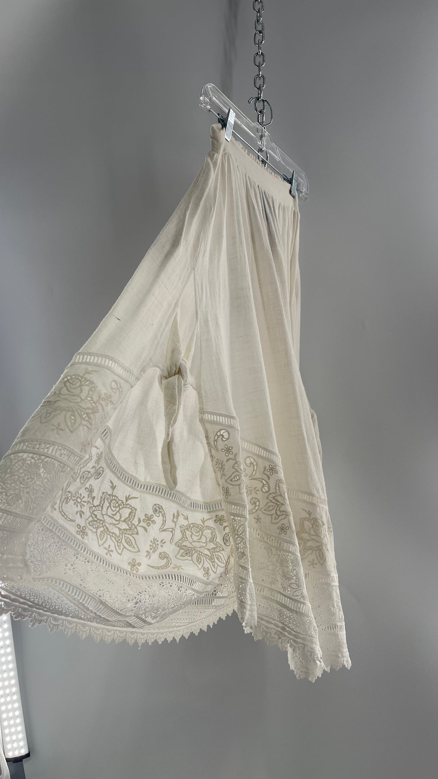 Spell & the Gypsy Full Length Cotton Gauze White Skirt with Tie Sides and Heavily Embroidered Hem (XS)