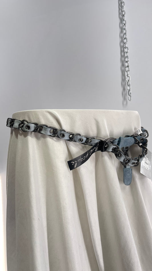 Free People Blue Suede Leather Braided Belt with Metal Chain Hardware (One Size)