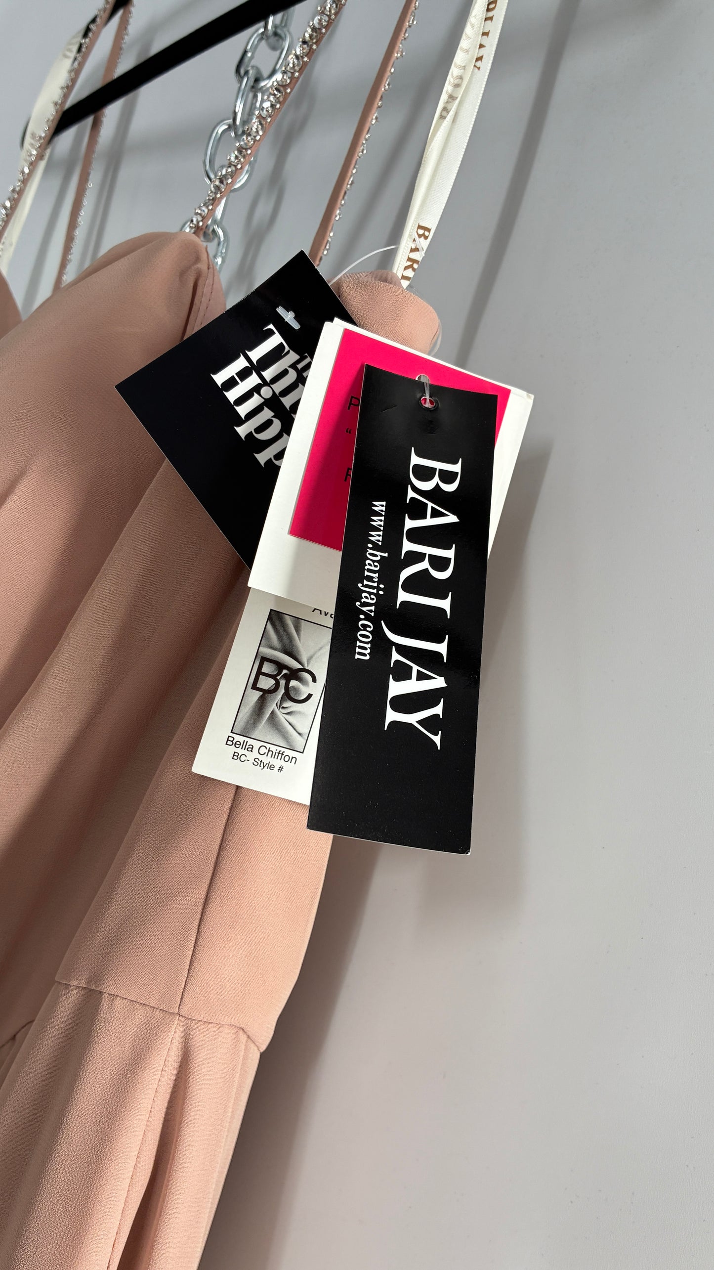 Vintage BARI JAY Nude/Blush Pink Full Length Dress with Embellished Straps and Side Slit Detail (16W)