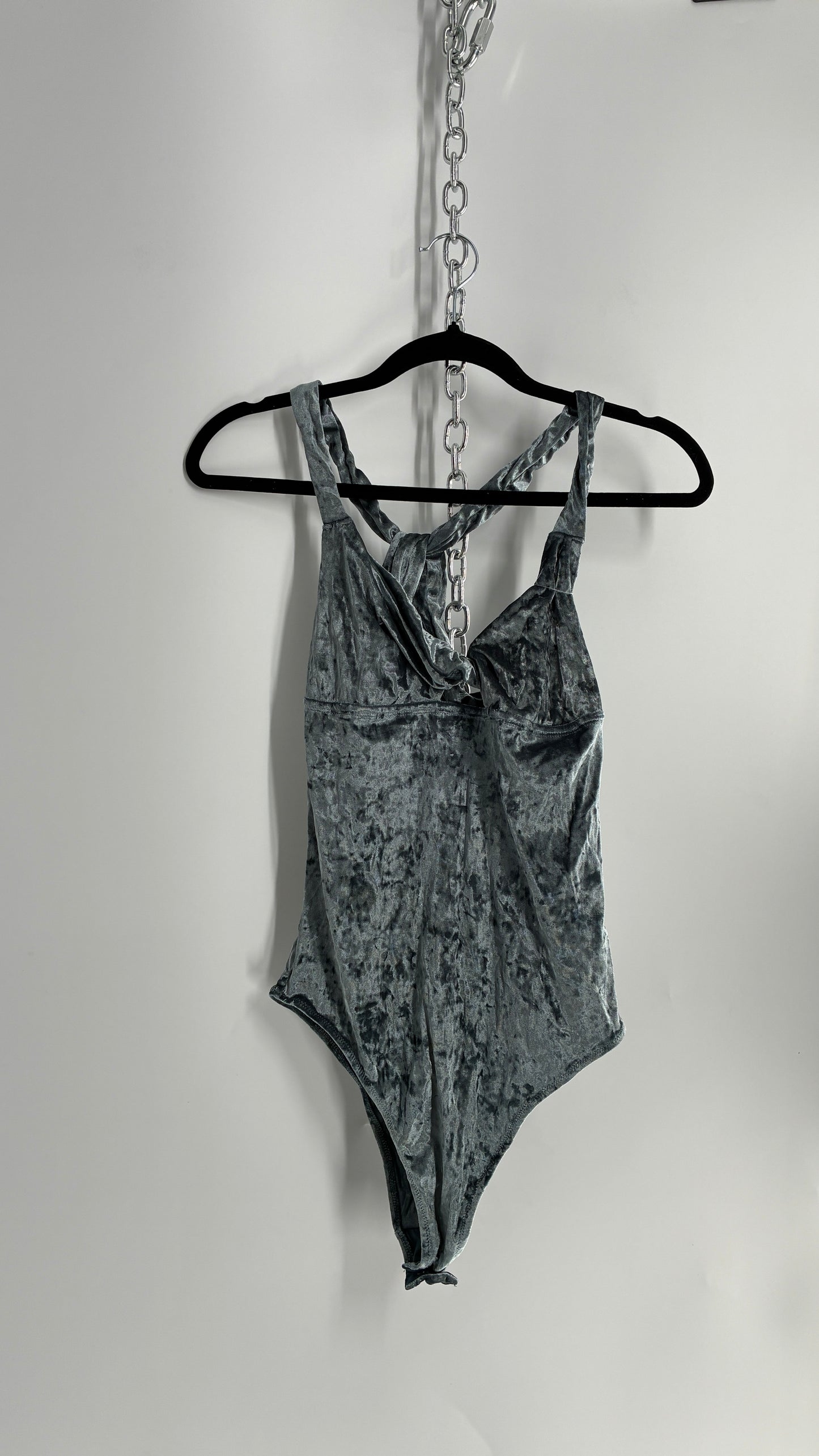 AERIE Grey Velour Bodysuit with Open Back and Rolled Straps (Large)