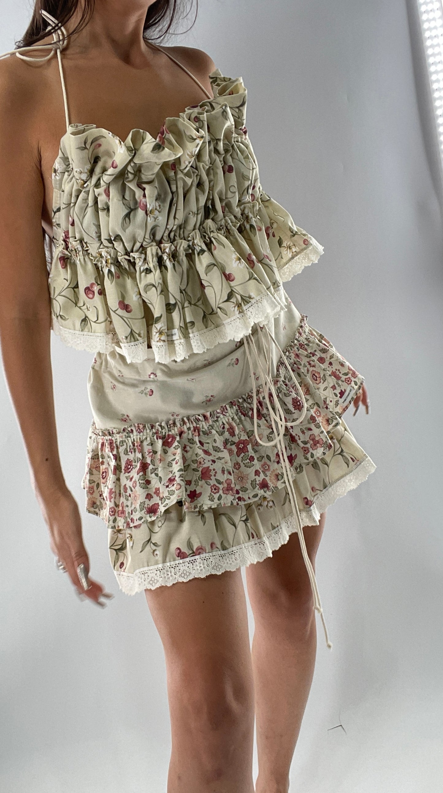 Vintage Cherry Cottage Set with Tiered Ruffled Skirt and Ruched, Backless Top (One Size)