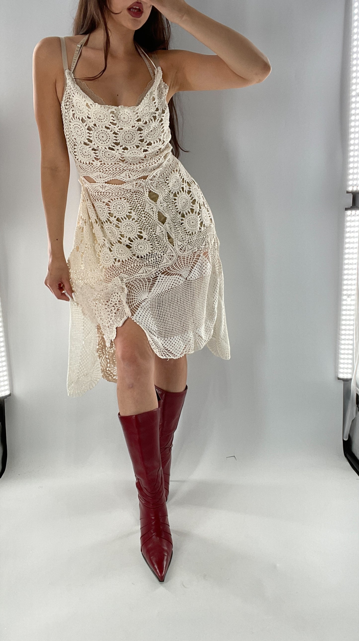 Vintage Handmade Crochet Cottage Adjustable Dress with Open, Low Back (One Size)