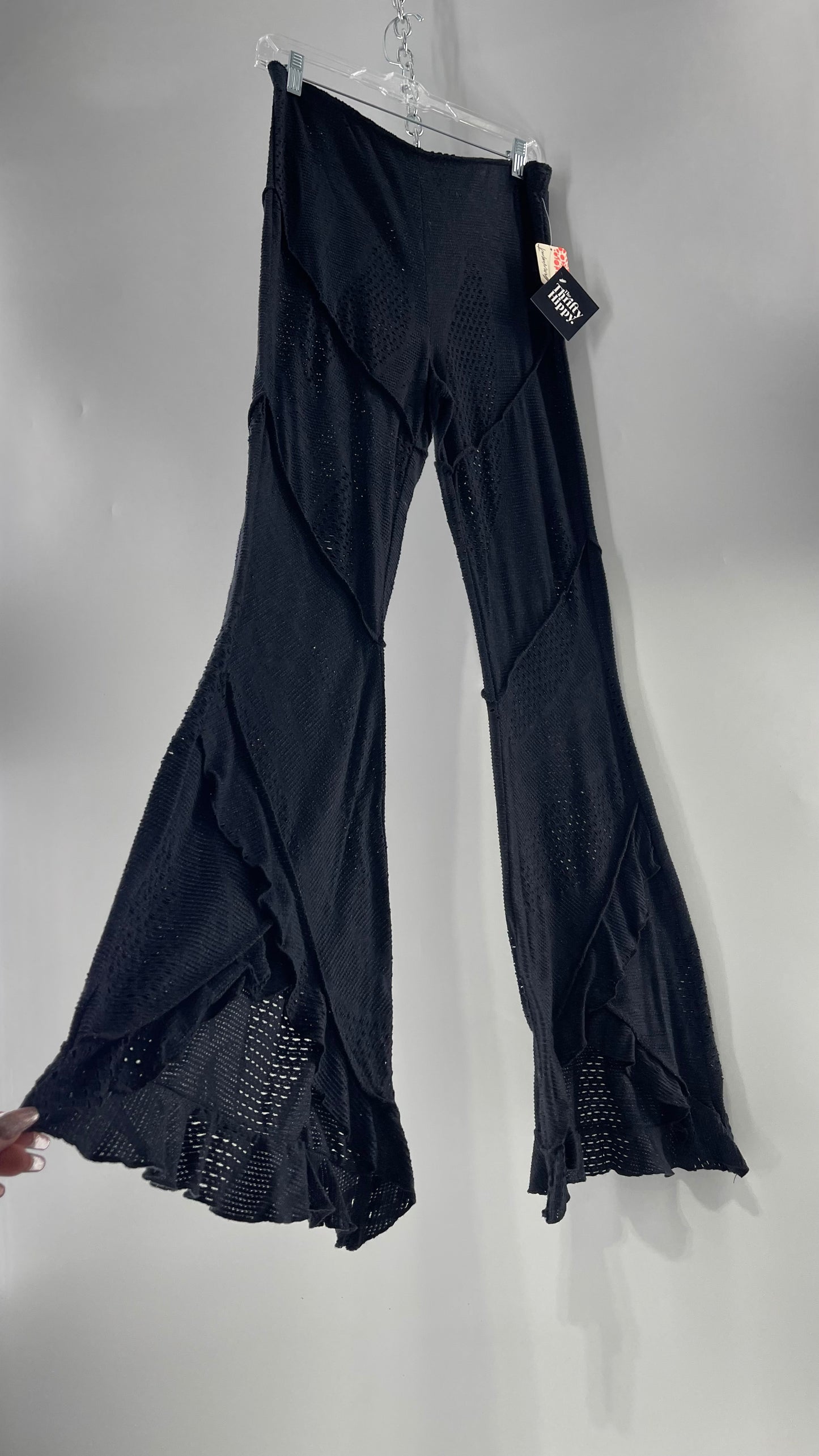 Free People Black Midnight Grey Mixed Pattern Kickflares with High Low Hem, Exposed Seams and Distressing Tags Attached (Medium)