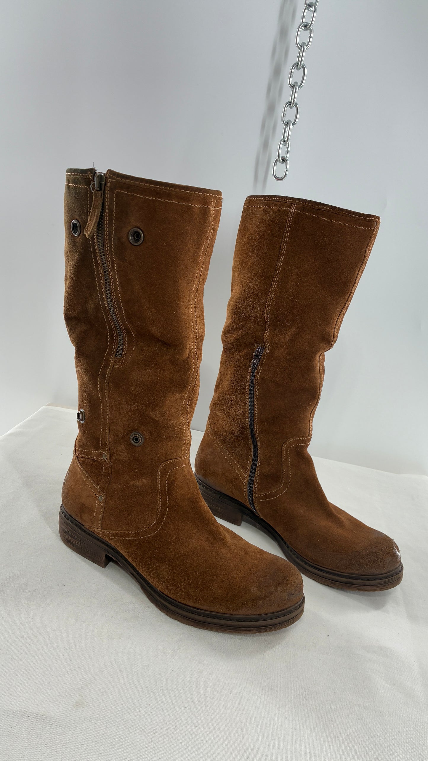 MANAS Brown Suede Leather Combat Style Boots with Fold Over Option (40)
