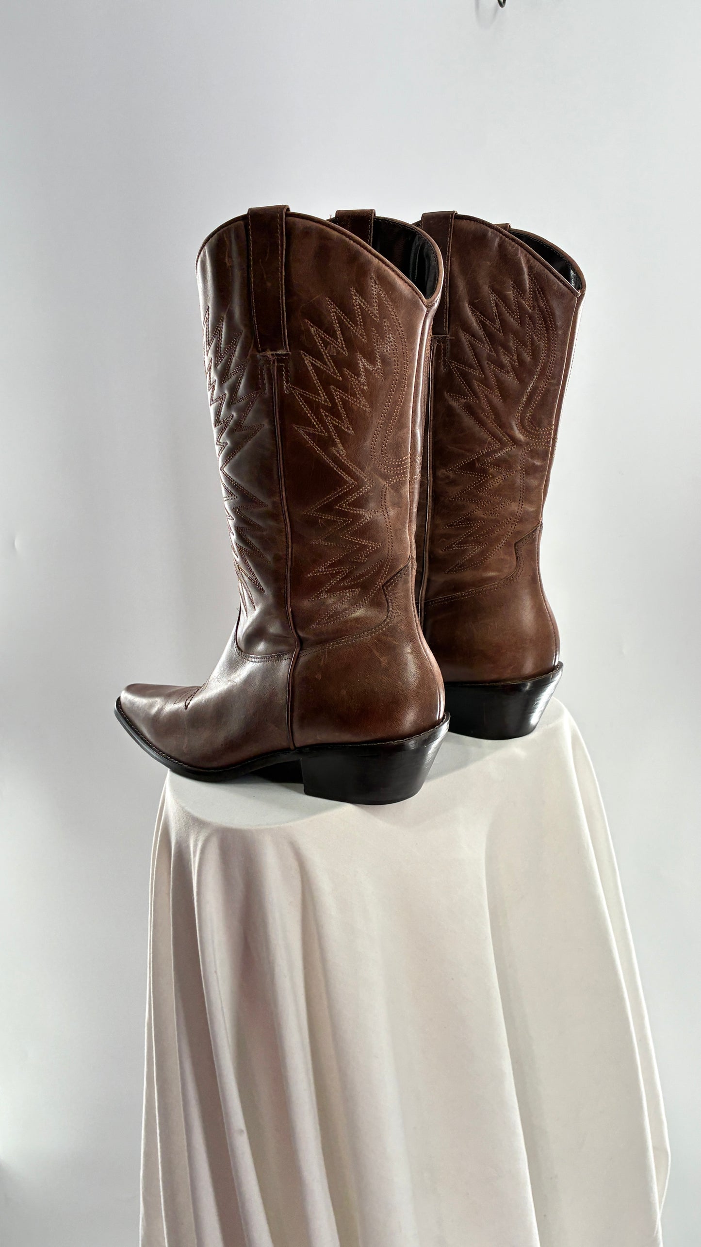 Vintage Genuine Leather Brown Cowboy Boots Made in Brazil (9.5)
