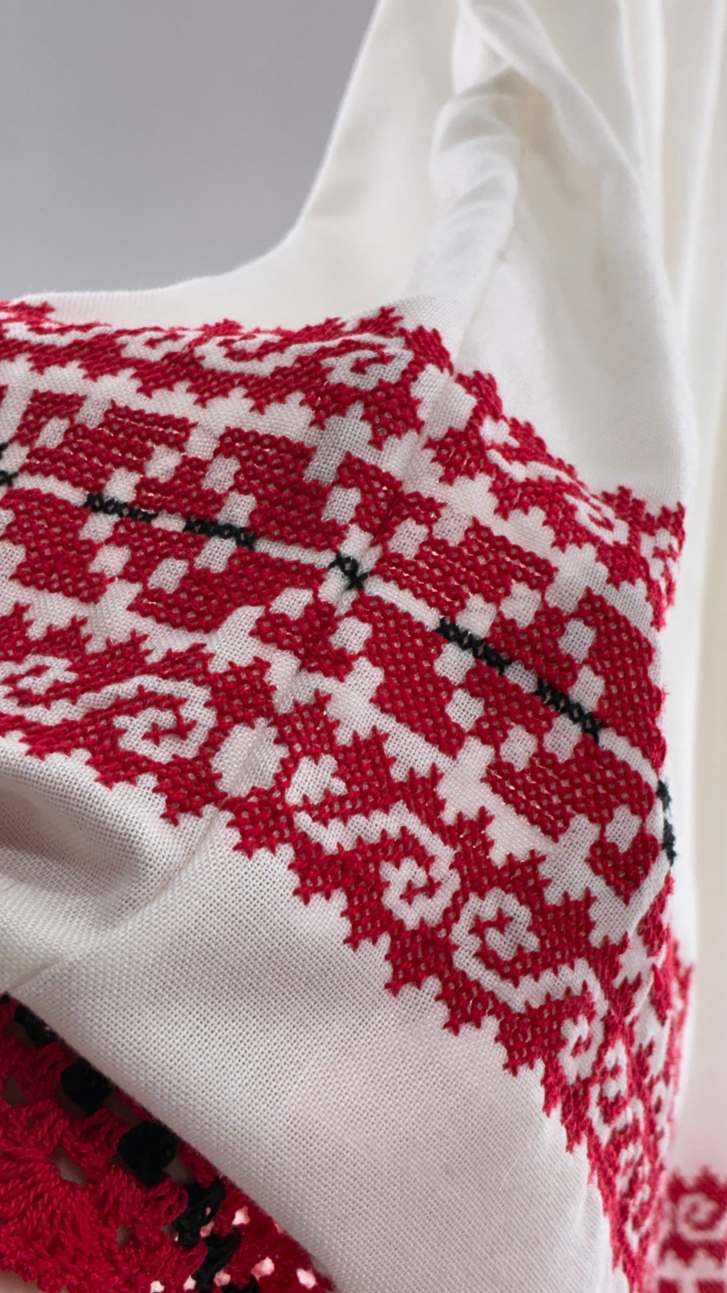 Vintage 1970s LUX FOLKLOR Budapest Handmade Cotton Long Sleeve and Skirt Covered in Red Embroidery and Stitching