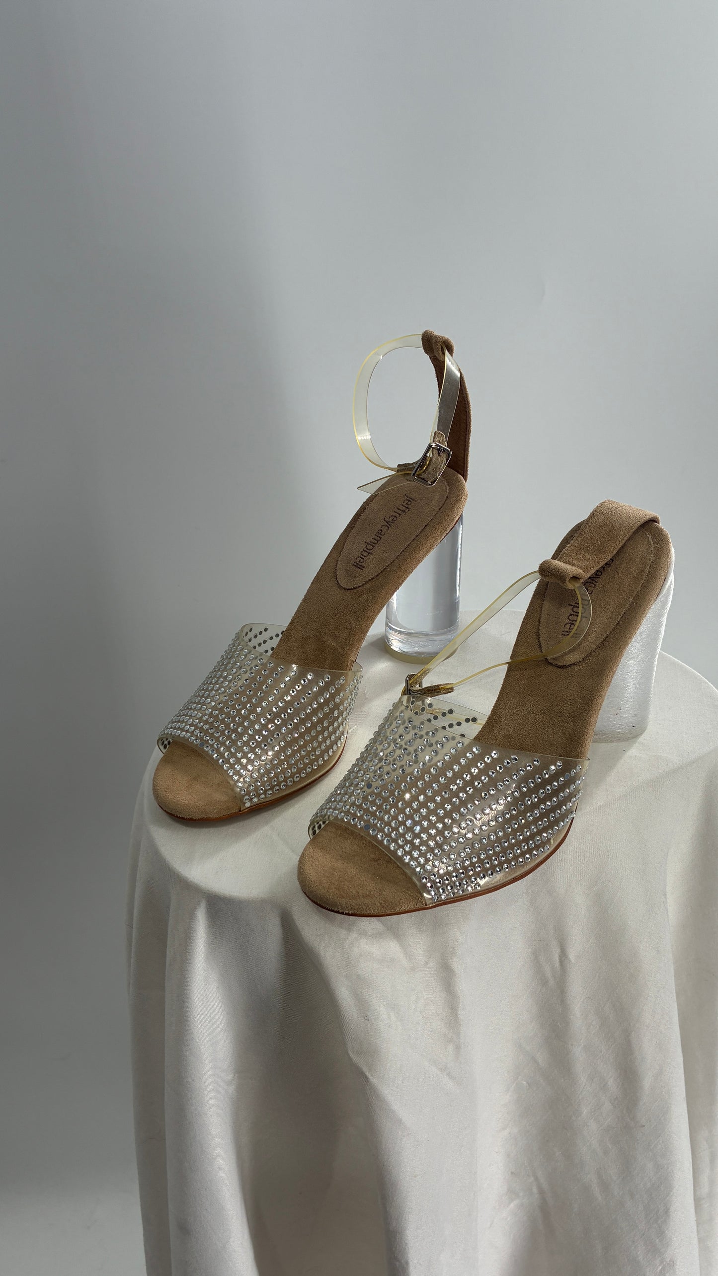 JEFFREY CAMPBELL Lucite Heel Suede Sole, Clear Strap Rhinestone Heel (8)