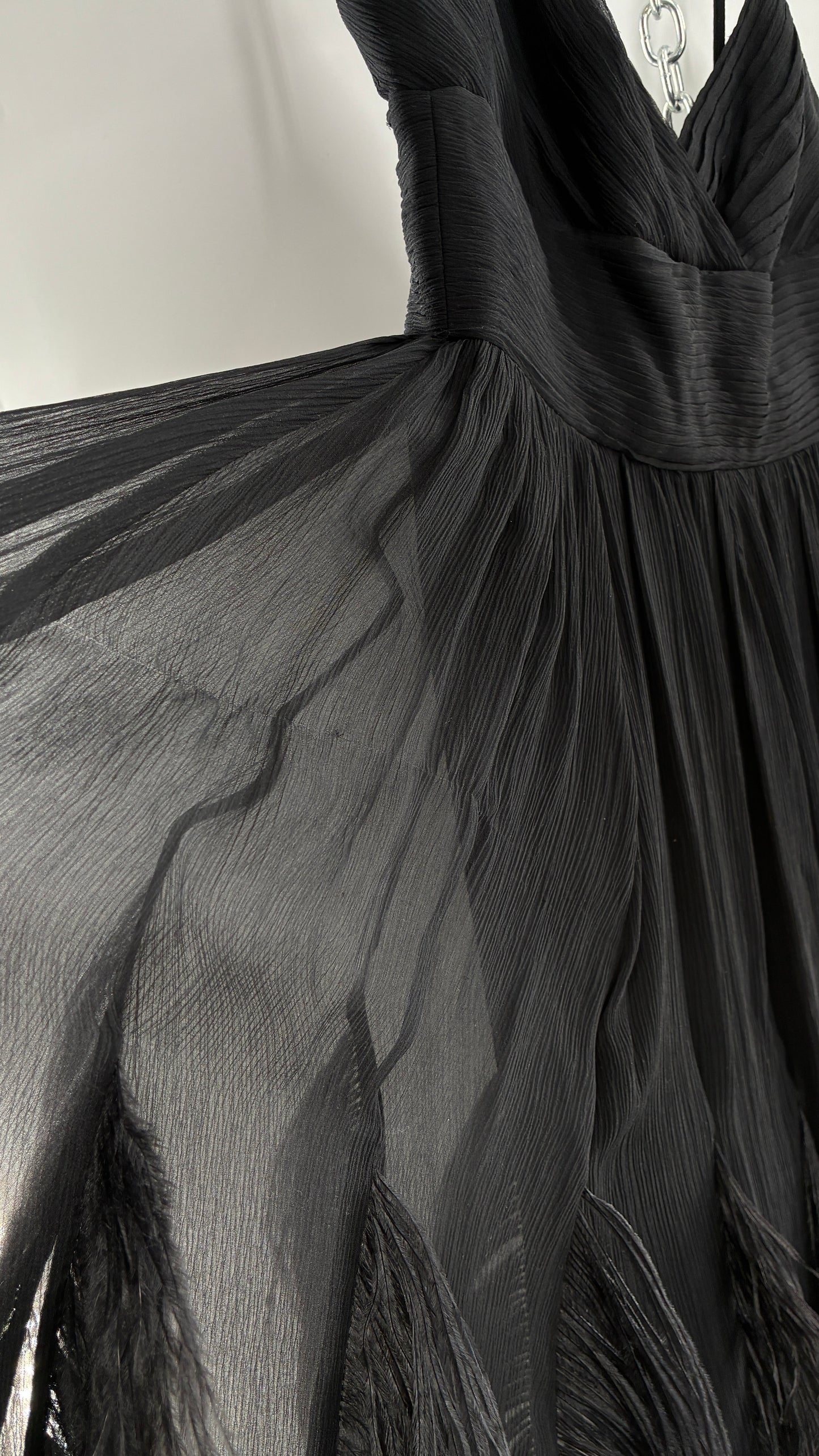 Vintage BCBGMAXAZRIA Crimped Black Dress with Ostrich Feather Details (6)