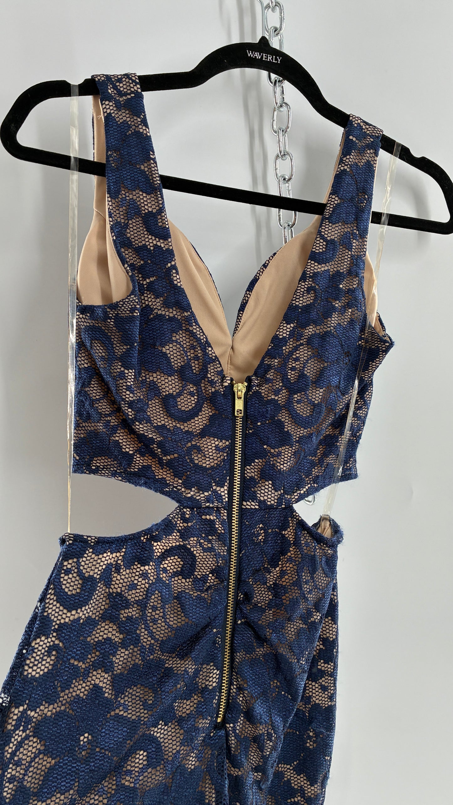 EMERALD SUNDAE Navy Blue Lace Cut Out Mini Dress with Built in Bra (Small)