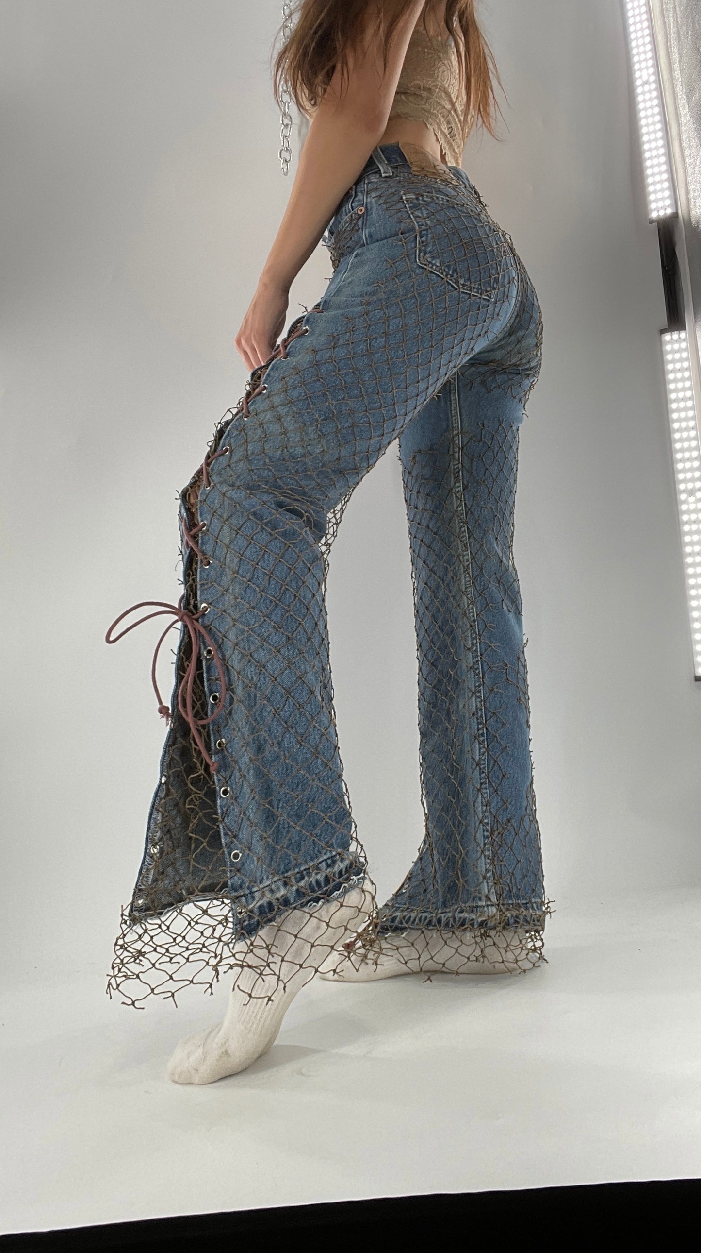 Custom - Fishnet Levi’s with Grommets and Lace Up Sides (Waist 29 Length 30) Fits Like a 26*
