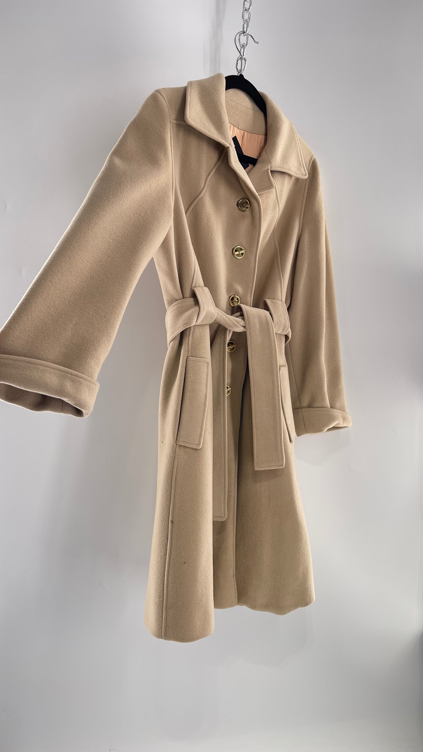 Vintage 100% Amicale Cashmere Beige Cream Coat with Apricot Satin Lining (C) (S/M)