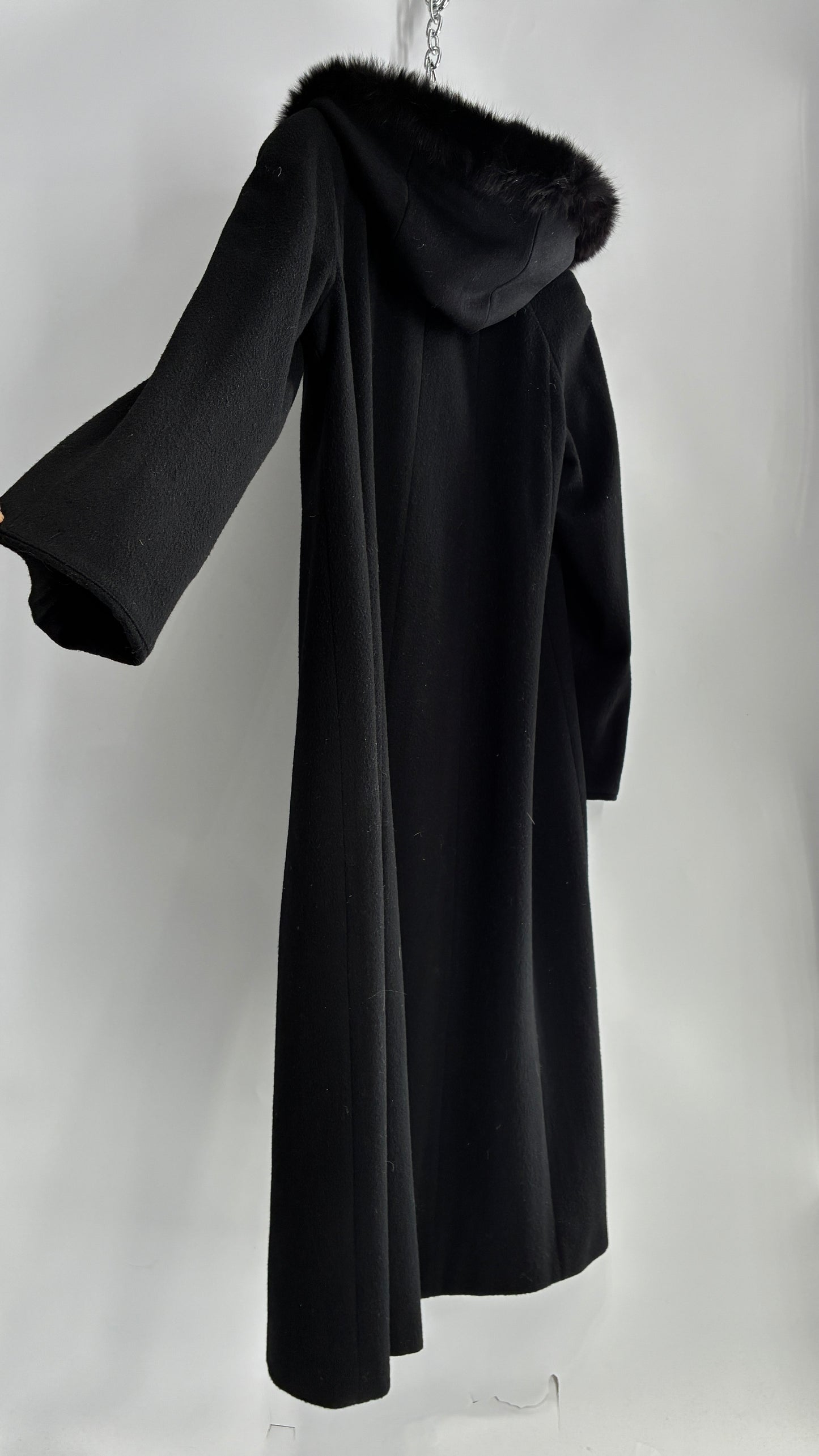 Vintage ANDREA COLLECTION Black Wool Blend Full Length Coat with Fur Trim Hood (12)